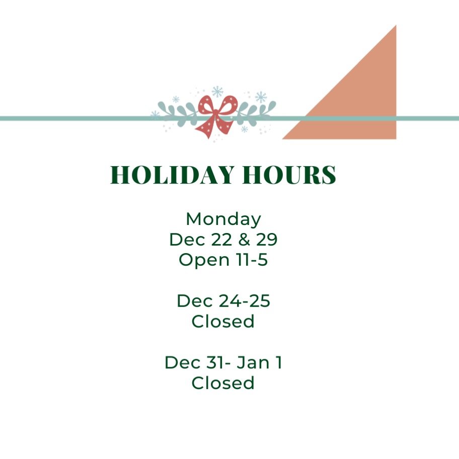 ✨Holiday Hours✨

We&rsquo;ve added a few extra appointment days for the holidays and will be closed on select dates so our team can enjoy some much-needed time off.

Please check our booking site for updated availability, and thank you for supporting