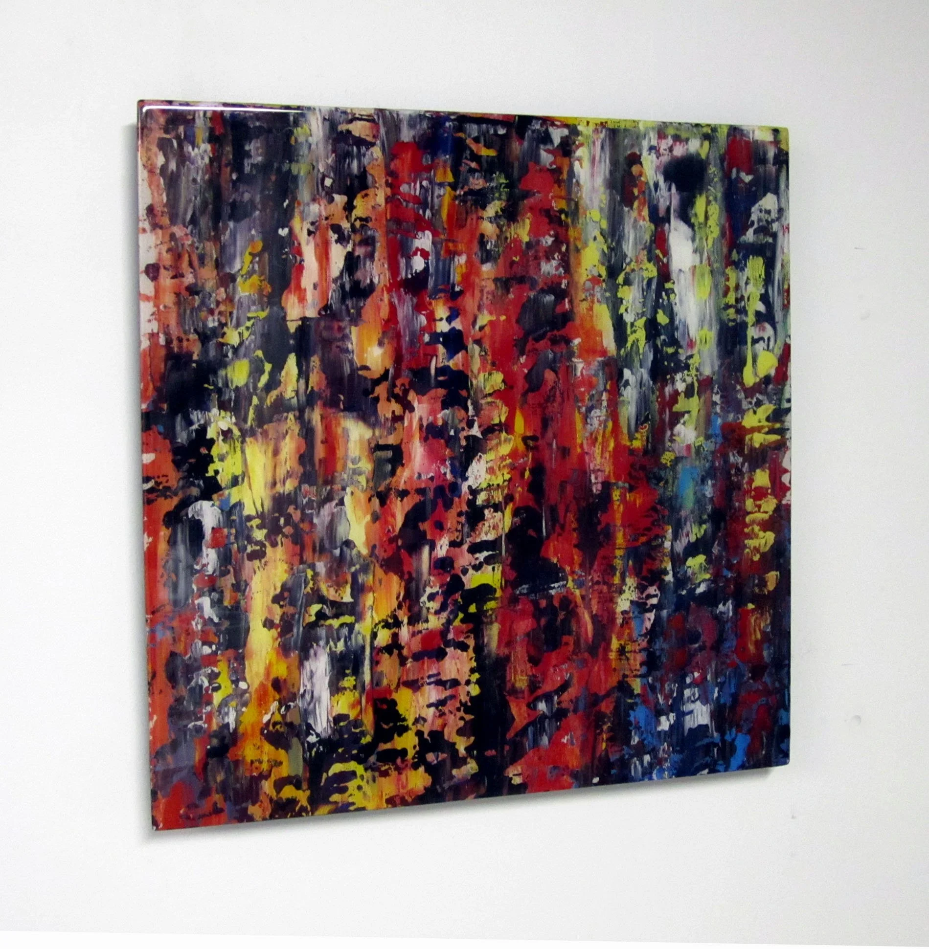 Back Yard Fire, Acrylic and uv resin on panel, 18" W, 18" H, 1.5" D, 2011