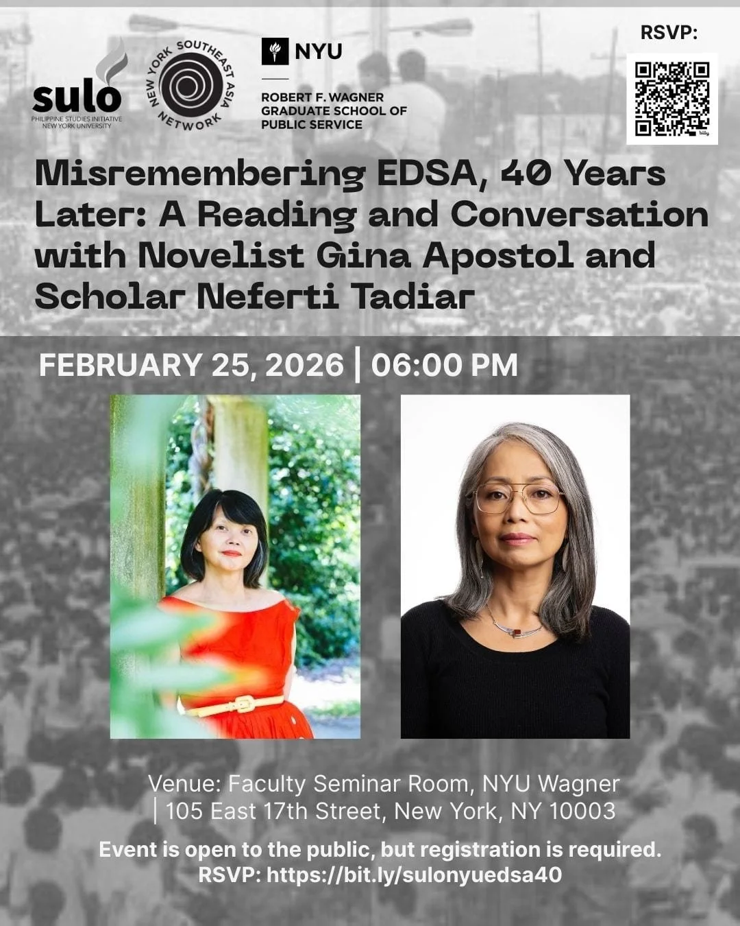 Misremembering EDSA, 40 Years Later: A Reading and Conversation with Novelist Gina Apostol and Scholar Neferti Tadiar