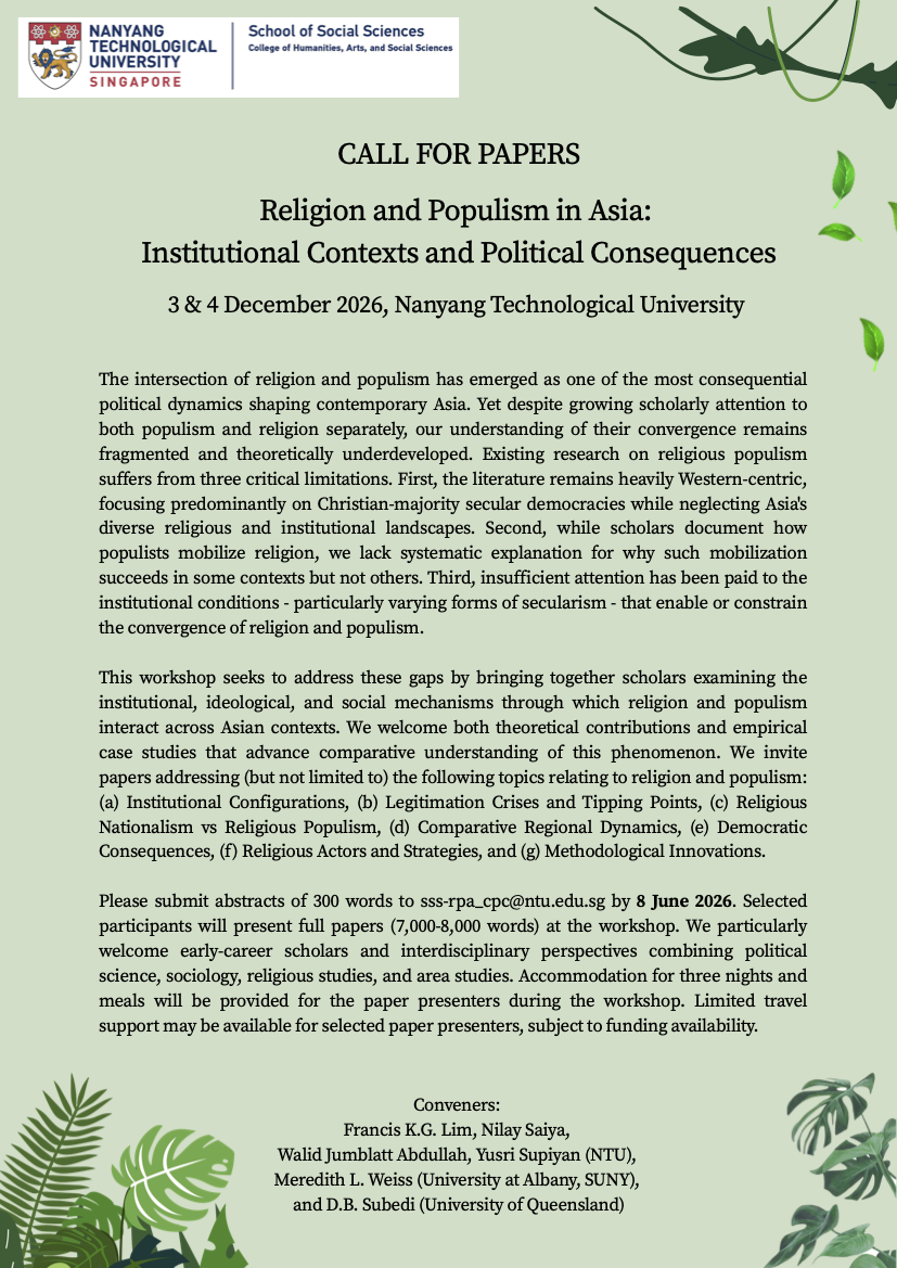 Call for Papers – Religion and Populism in Asia: Institutional Contexts and Political Consequences