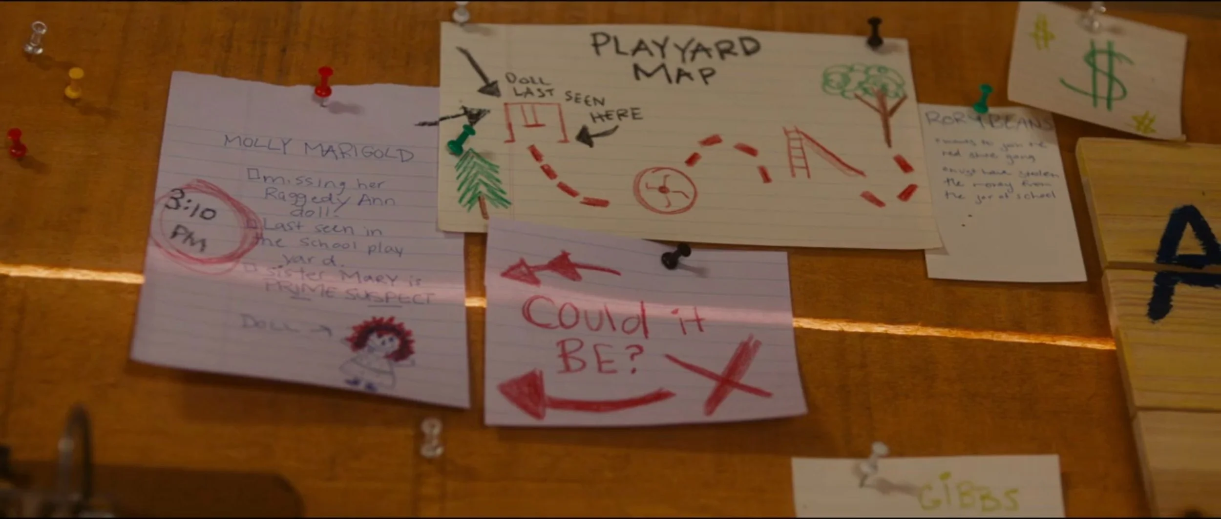 Still from The Kid Detective (2020) of scraps of paper in a child's writing