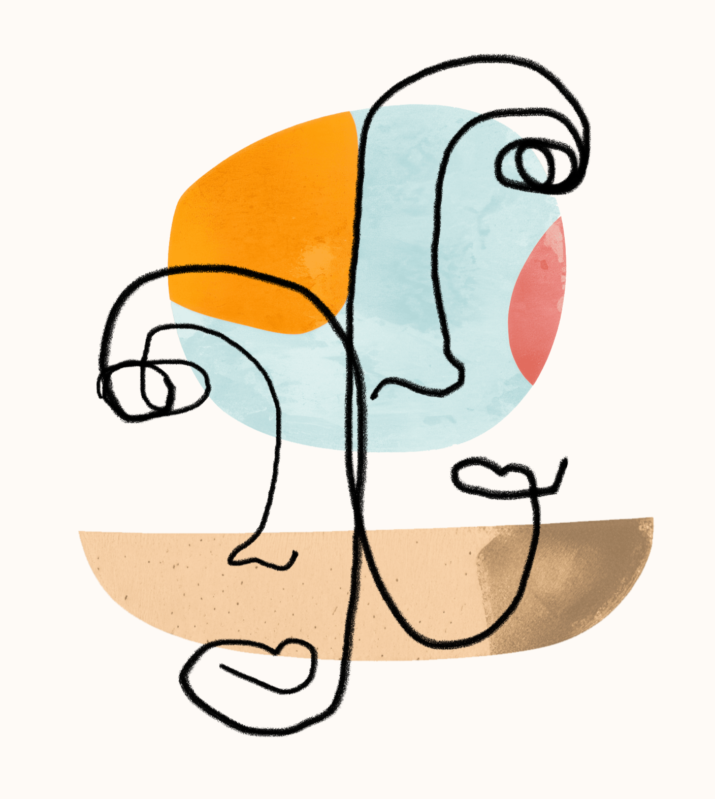 Abstract image of two faces with abstract shapes in background