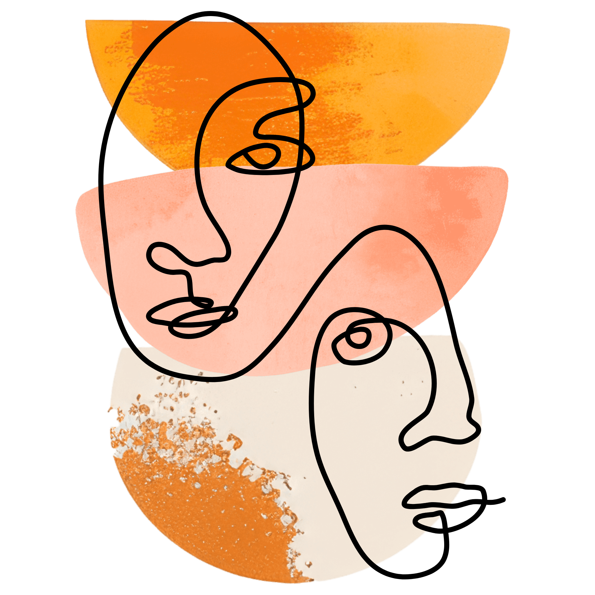 Abstract line drawing of two overlapping faces with layered shapes in amber, peach, and terracotta — adult family therapy Austin TX