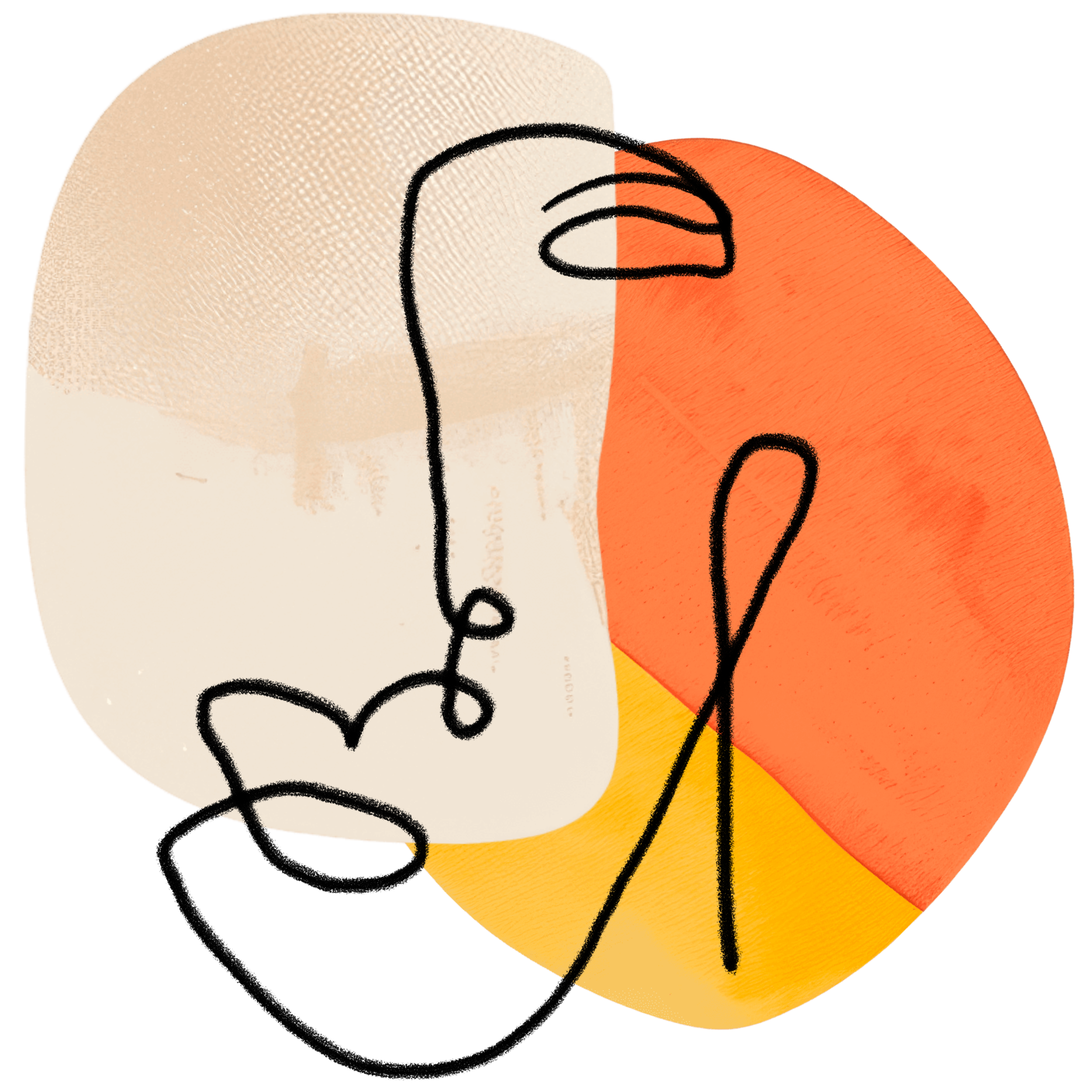 Abstract line drawing of a face with overlapping shapes in warm cream, terracotta, and mustard yellow — identity therapy Austin TX