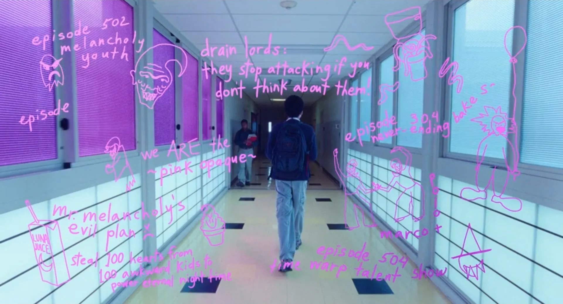 Still from I Saw the TV Glow showing a teen boy walking down a hallway with pink doodles overlaid on the shot