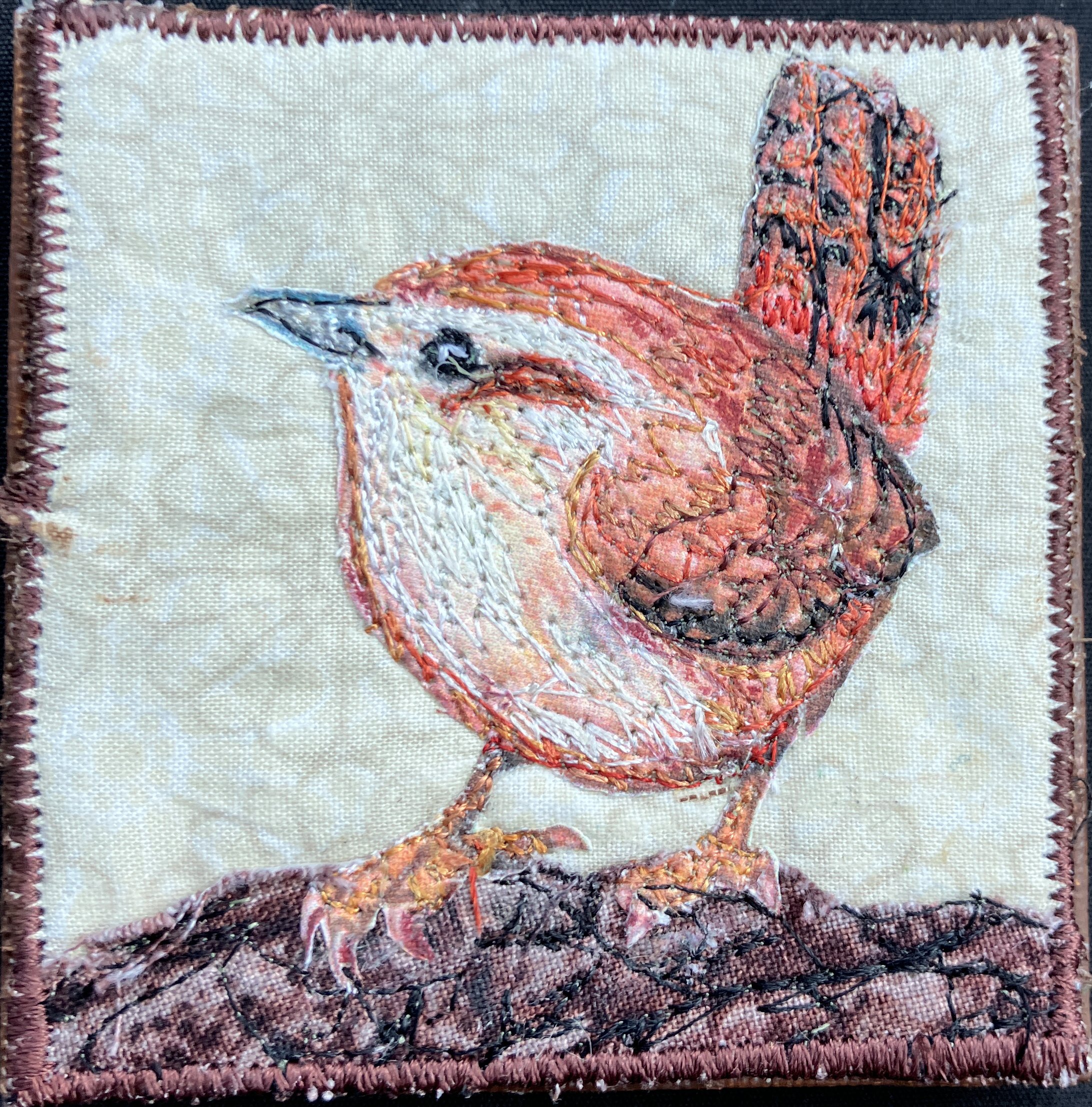 Quilted and thread painted wren