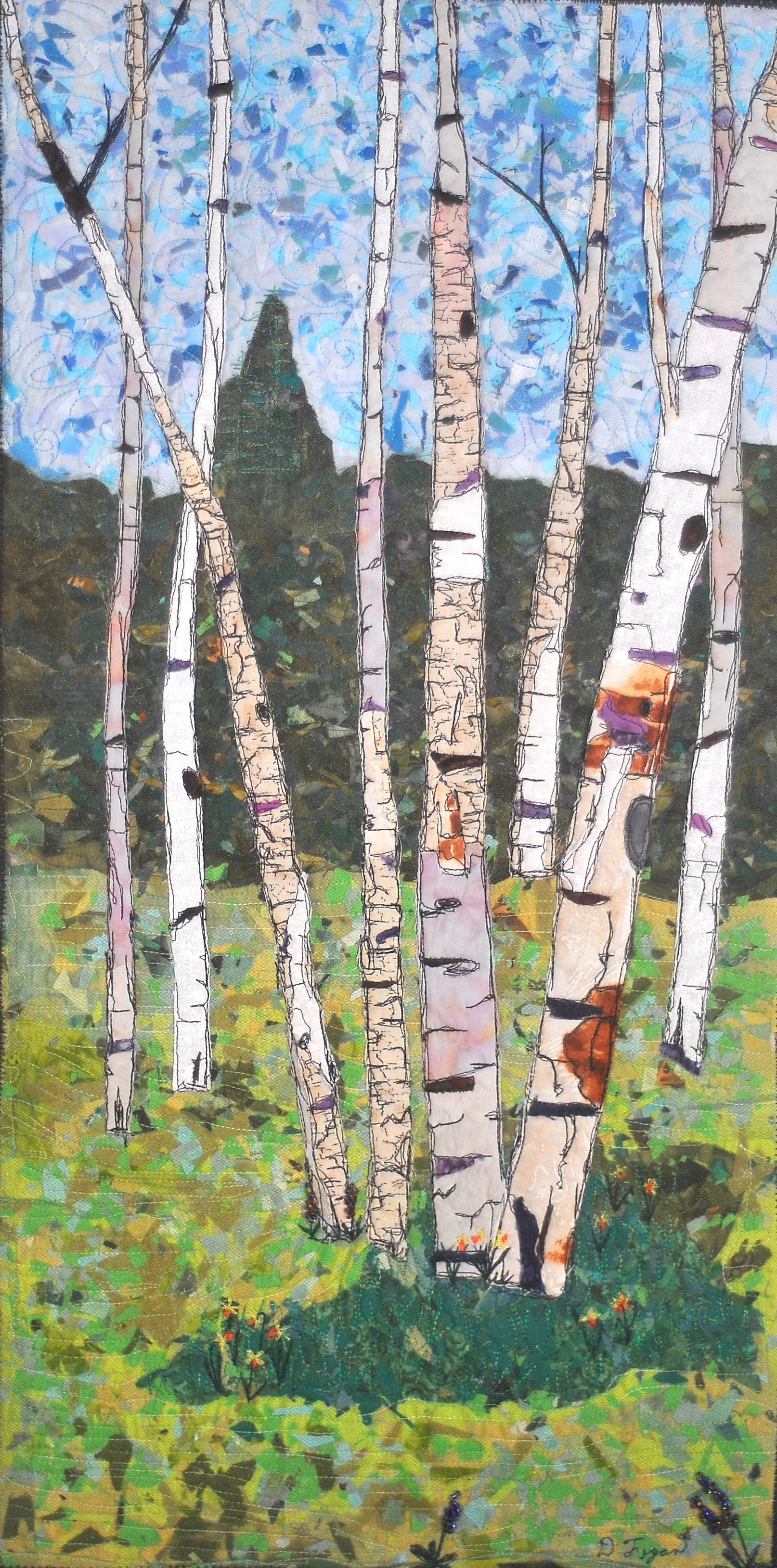 Art quilt of a grove of five aspen trees with white bark and black knots, set against a blue sky and green foliage in the background.
