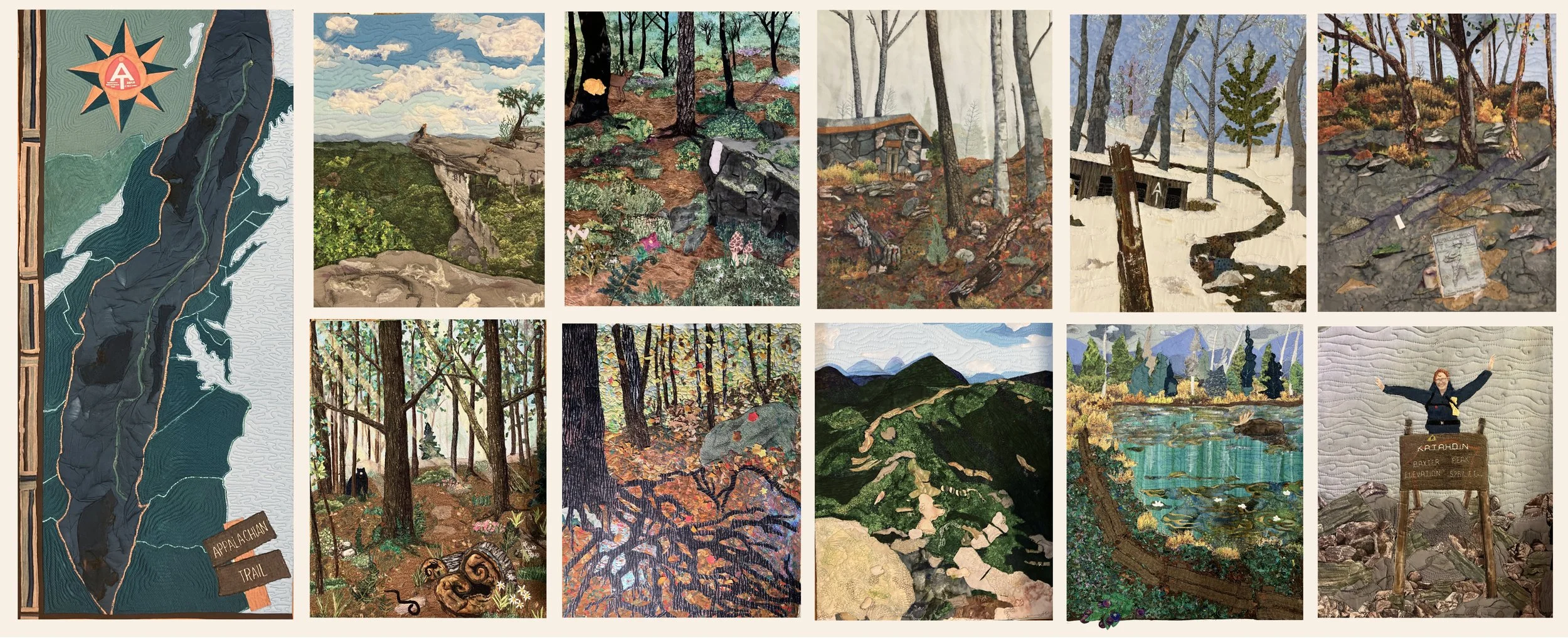 A collage of ten art quilts illustrating the Appalachian Trail, featuring maps, landscapes, forests, mountains, and a person celebrating at a trail sign.