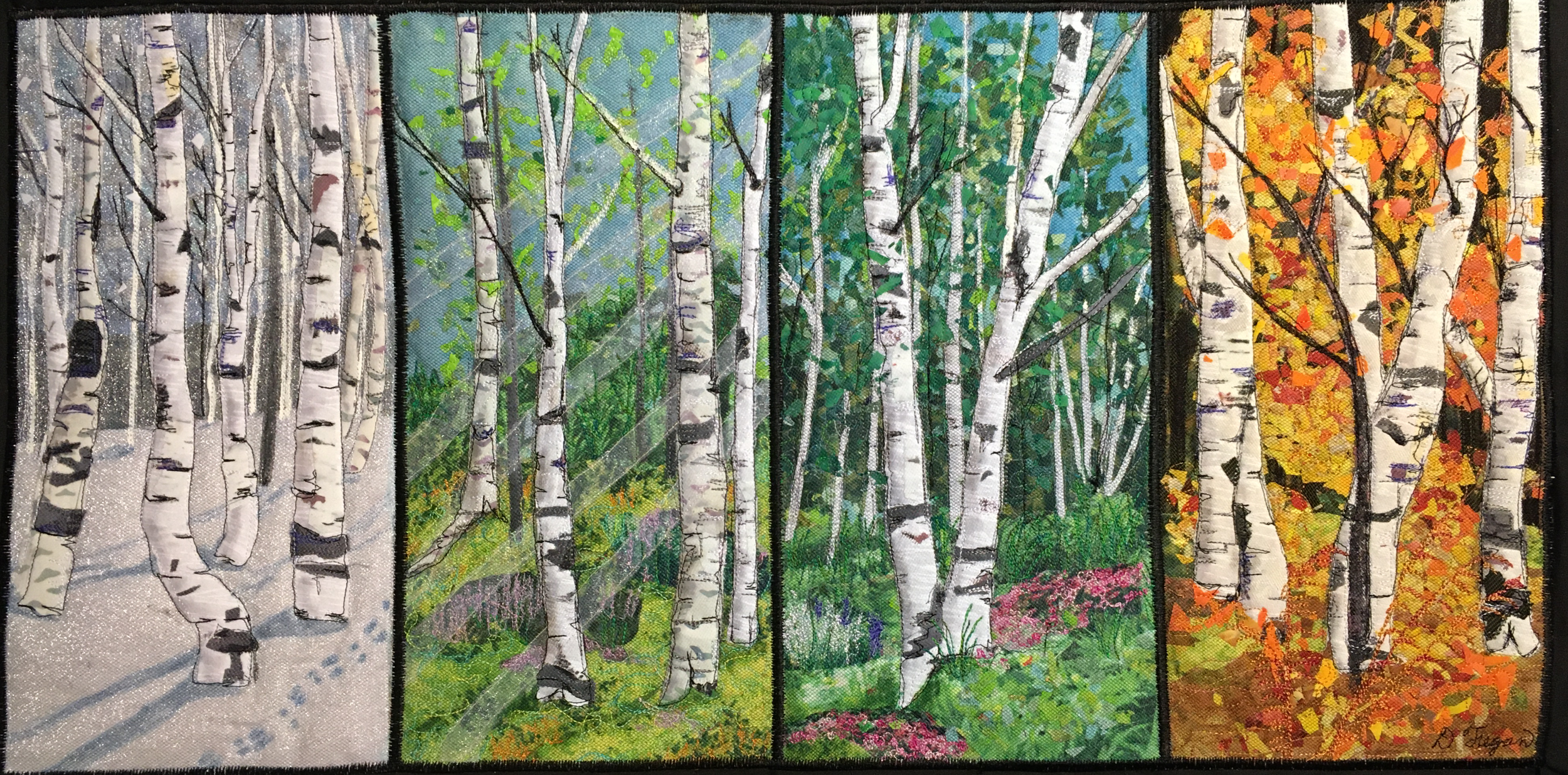 Triptych art quilt of four landscape scenes of birch trees in different seasons and lighting, from winter to fall.