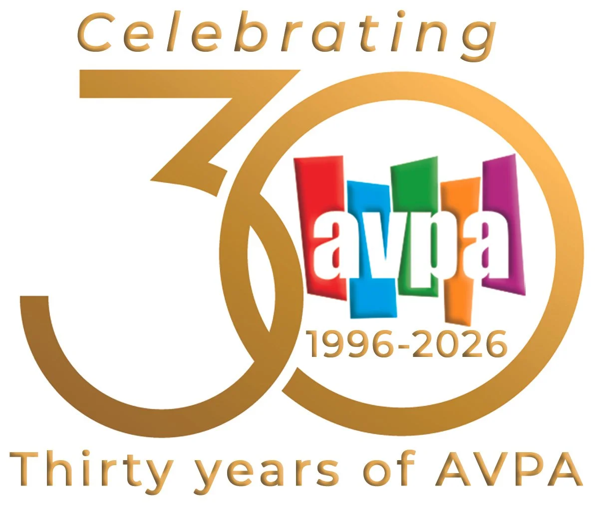 Logo celebrating 30 years of AVPA from 1996 to 2026, with interlocking gold circles, colorful letters spelling 'AVPA' in the center, and the text 'celebrating 30 years of AVPA' and 'Thirty years of AVPA'.