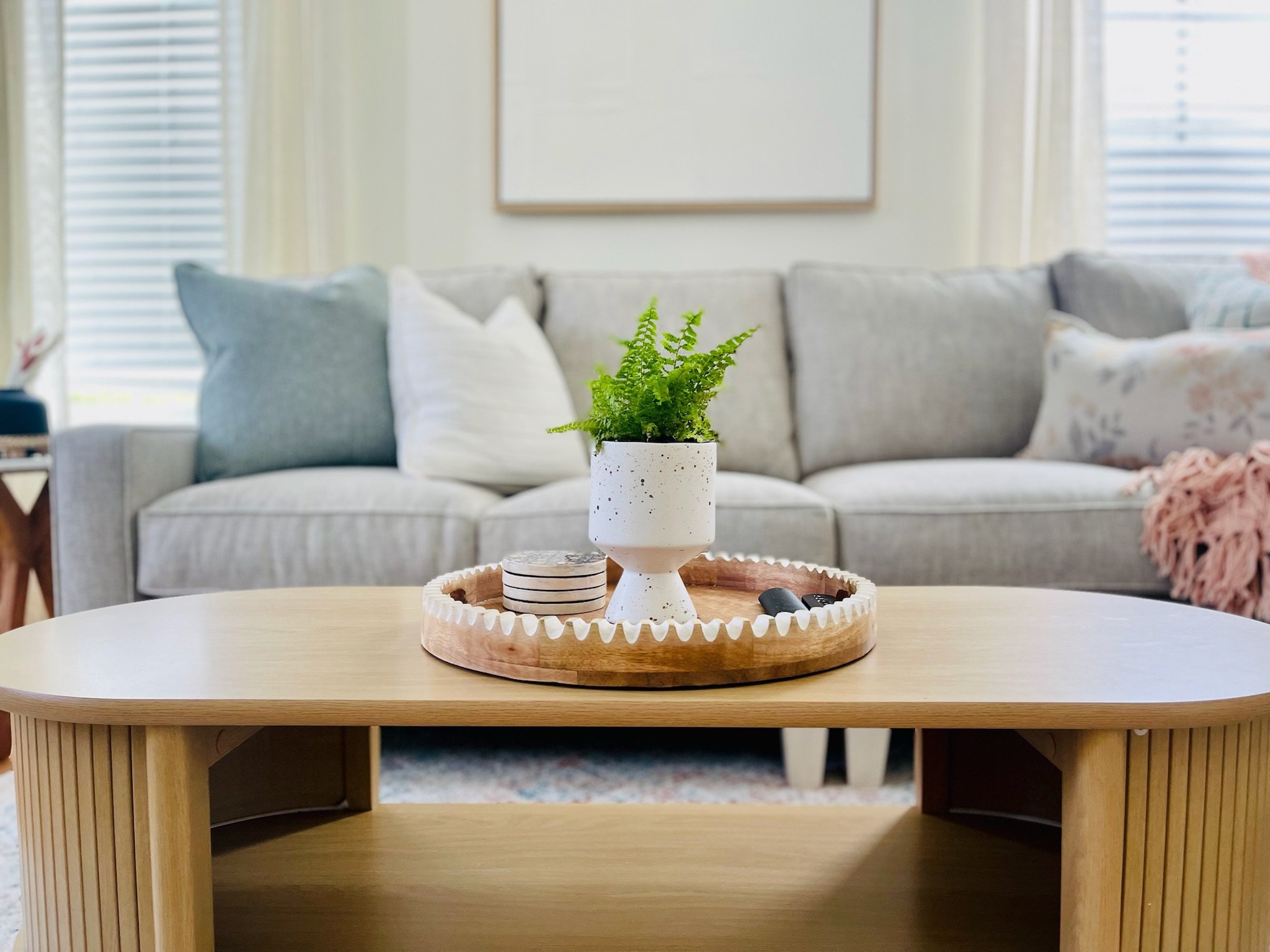 A boho inspired living room, featuring a light gray Haverty's couch with decorative pillows. Wayfair Oval Coffee Table with round boho tray and potted plant.