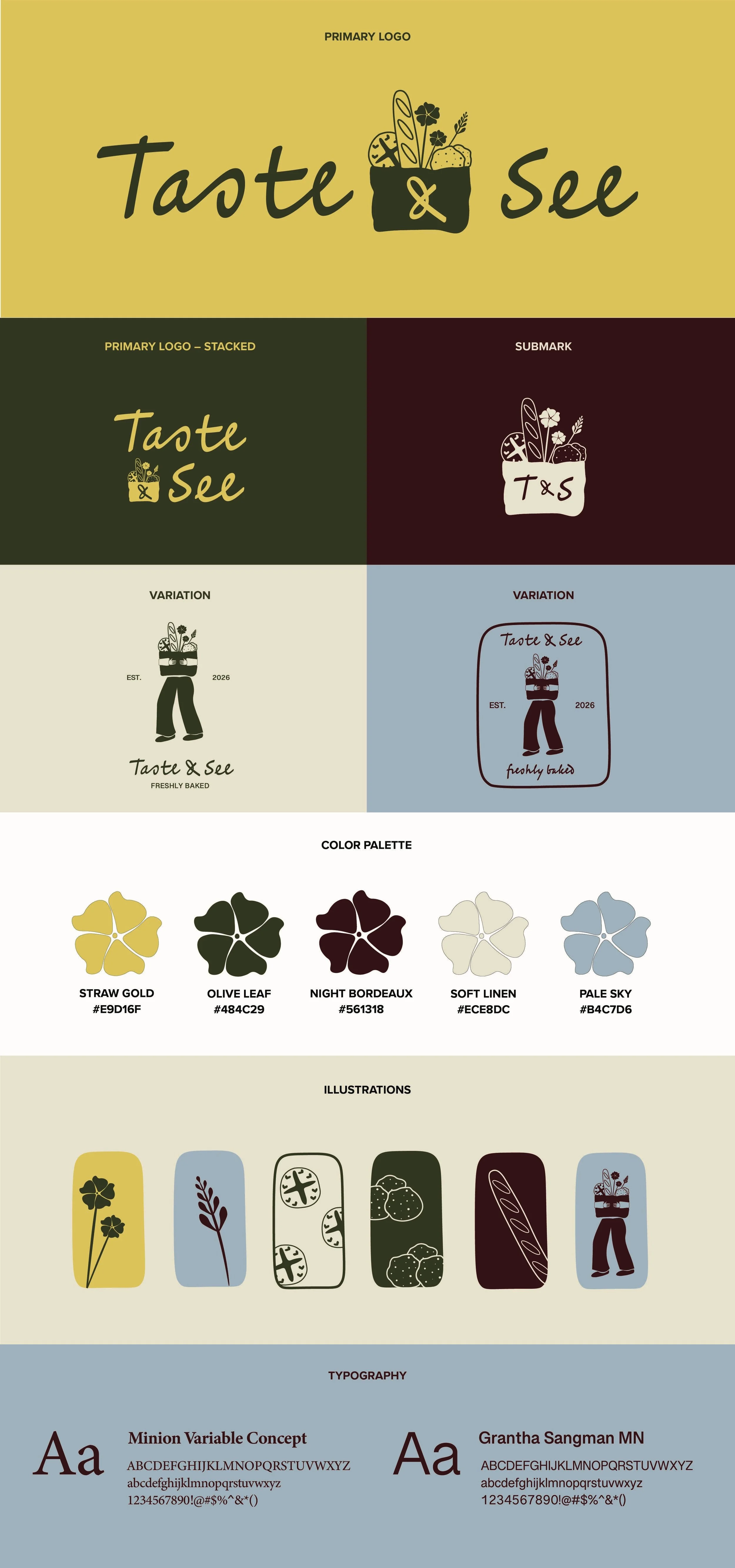 Taste & See brand style guide showing the primary logo, submark, logo variations, color palette, illustrations, and typography
