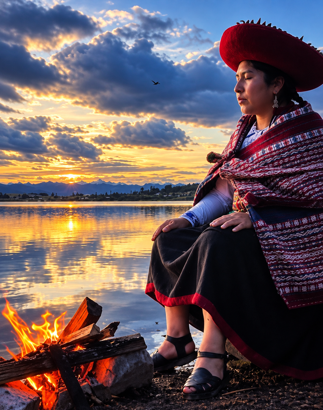 Person in colorful traditional attire sitting by a lakeside with a small campfire, under a cloudy sky.