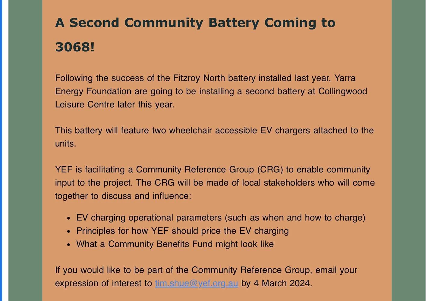 Join the Community Reference Group.  More details at Yarra Energy Foundation https://www.yef.org.au/community-batteries/clifton-hill-neighbourhood-battery/