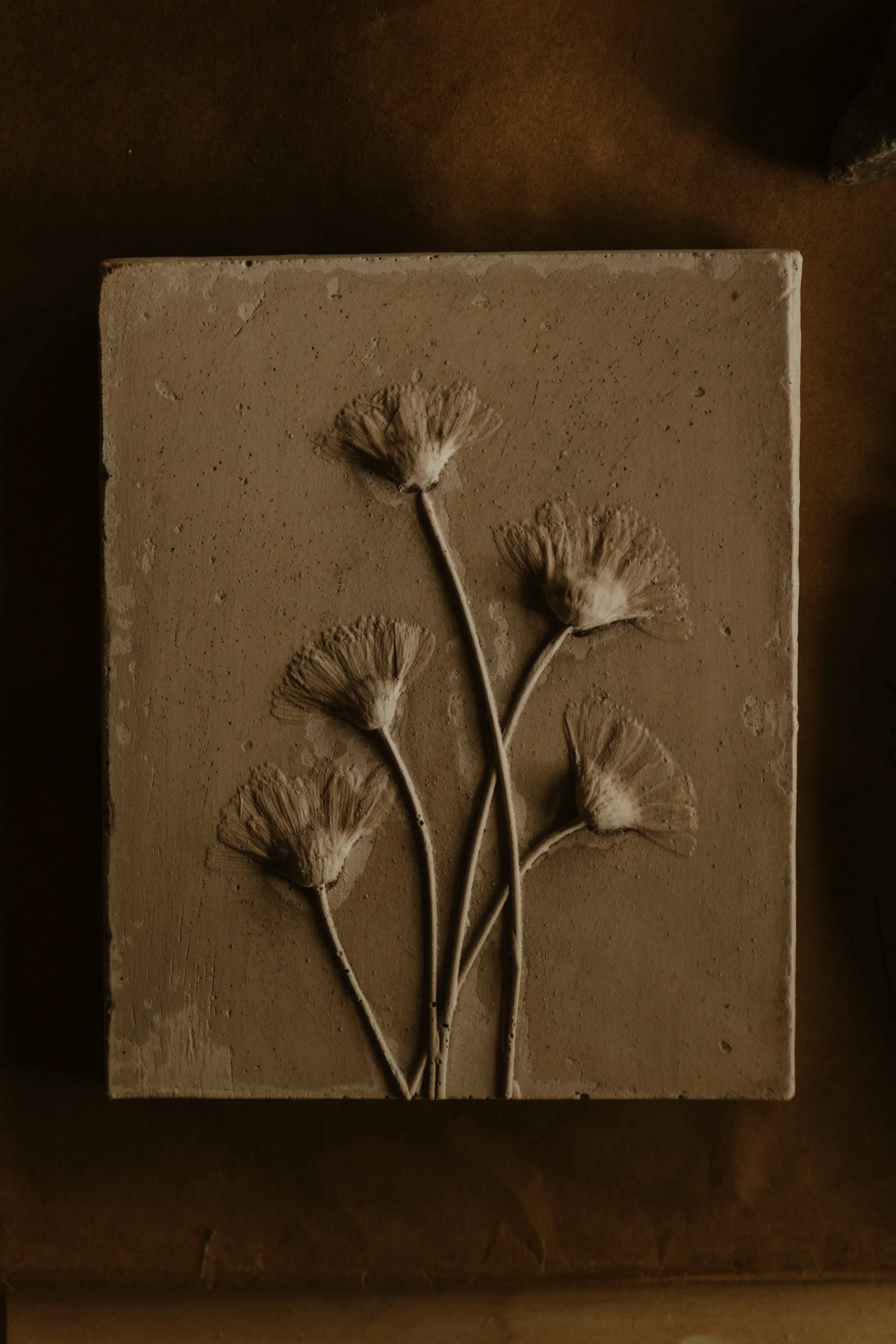 No. 2 · Same cast as above, but with an acid wash to expose more gypsum. Washed with wild clay. Edged with steel blade.
Measures 6.6 x 5.5