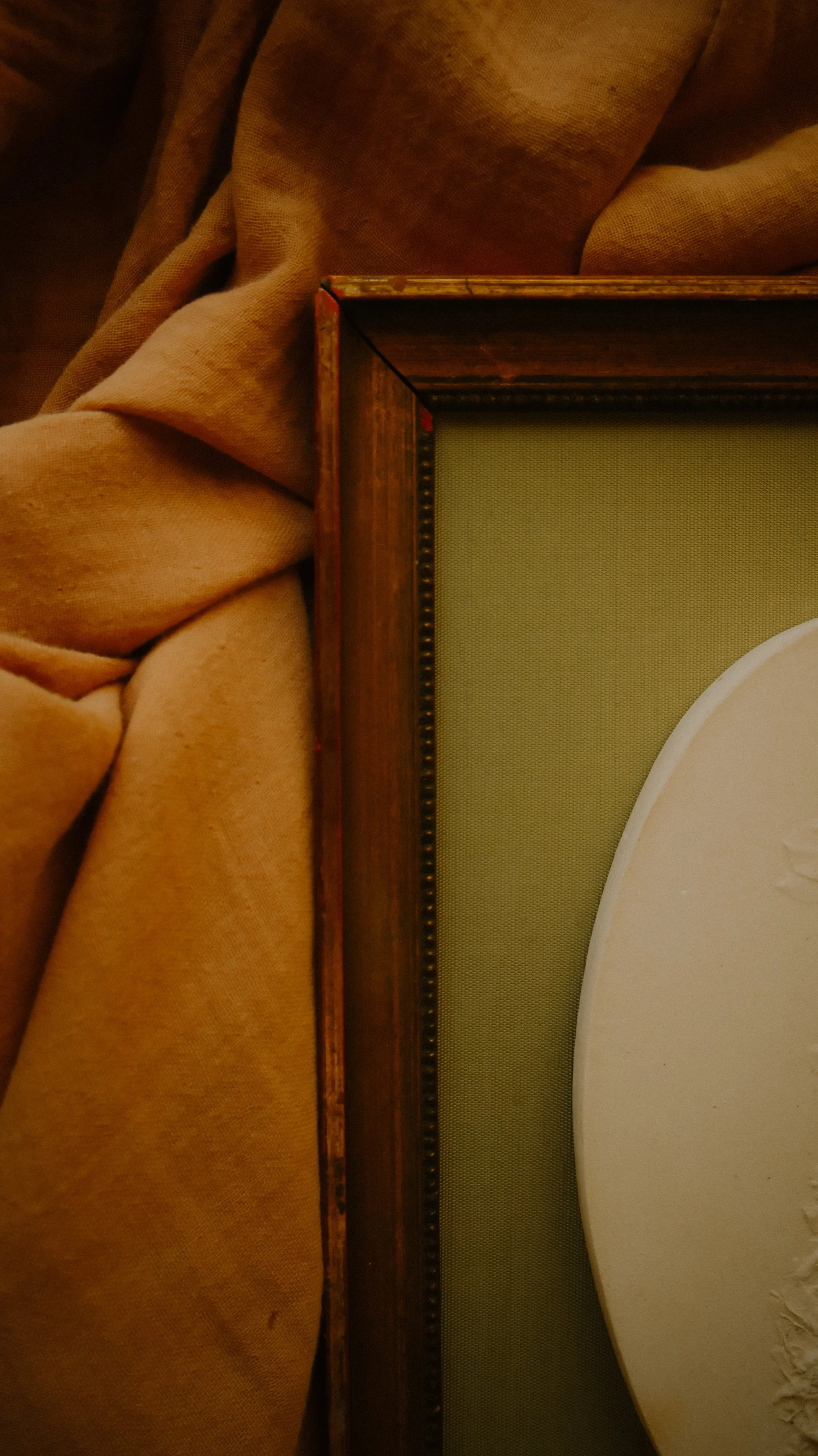 Oval plaster bas-relief of a single larkspur stem mounted in a vintage gilt frame with olive-green fabric.