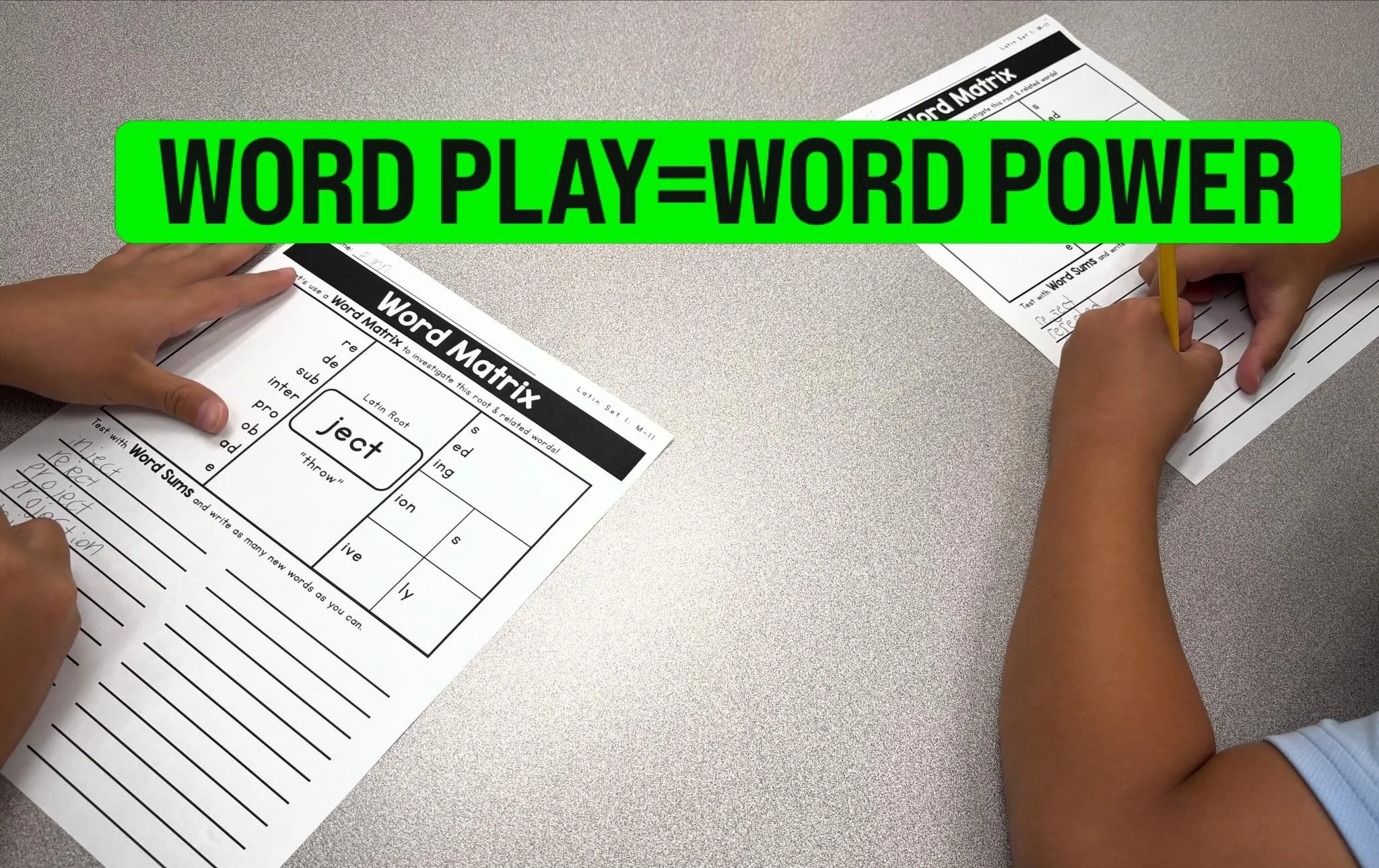 💪📚 Word play=word power! 💪📚

Race to build as many words as possible in 3 minutes using a word matrix with Latin roots (Ex: ject -&ldquo;to throw&rdquo;), building as many words as possible. 

Times up! 

Compare lists&mdash;crossing out matches 