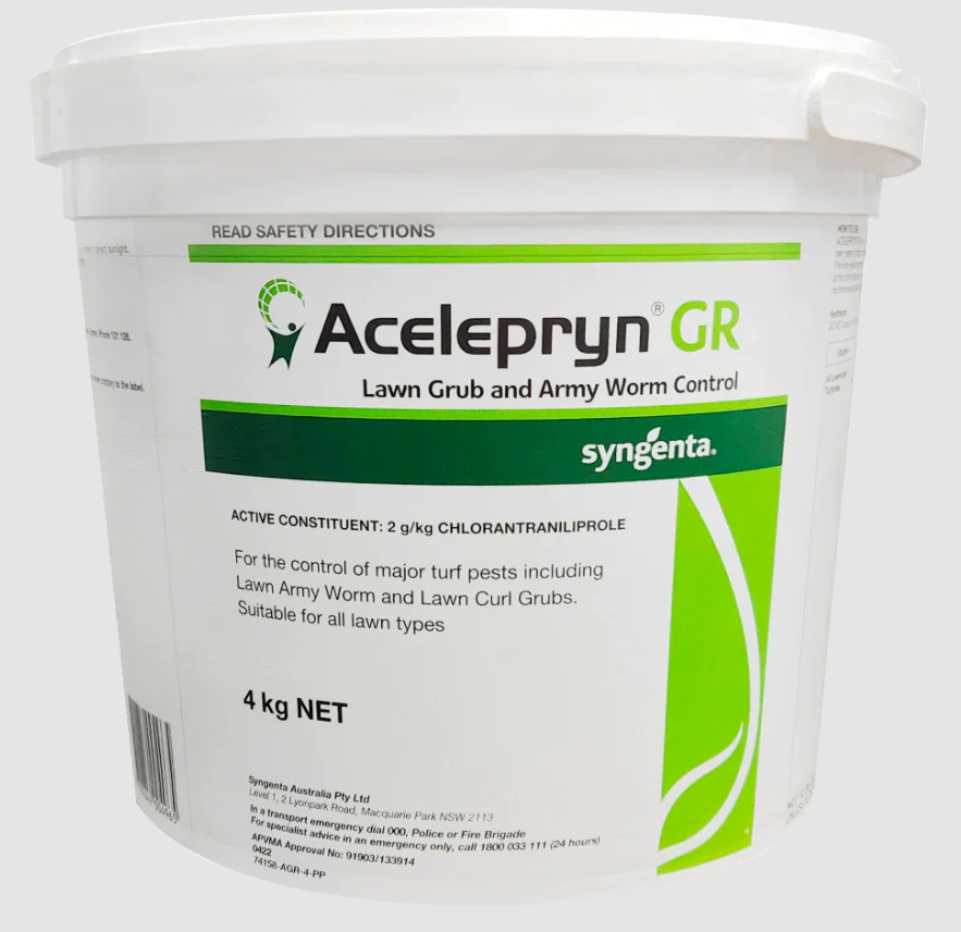 A container of Acelepryn GR lawn pest control with a white lid and labeled as targeting lawn army worms and curl grubs.