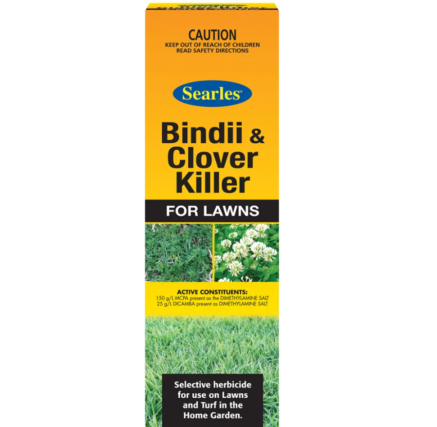Yellow and black pesticide box labeled 'Searles Bindii & Clover Killer for Lawns' with images of lawn and weeds, caution warning, active ingredients, and usage instructions.