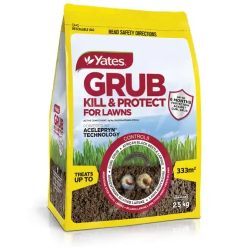 Yellow and white bag of Yates Grub Kill & Protect for Lawns, showing active ingredients and a picture of grubs, with coverage of 333 square meters and weight of 2.5 kilograms.