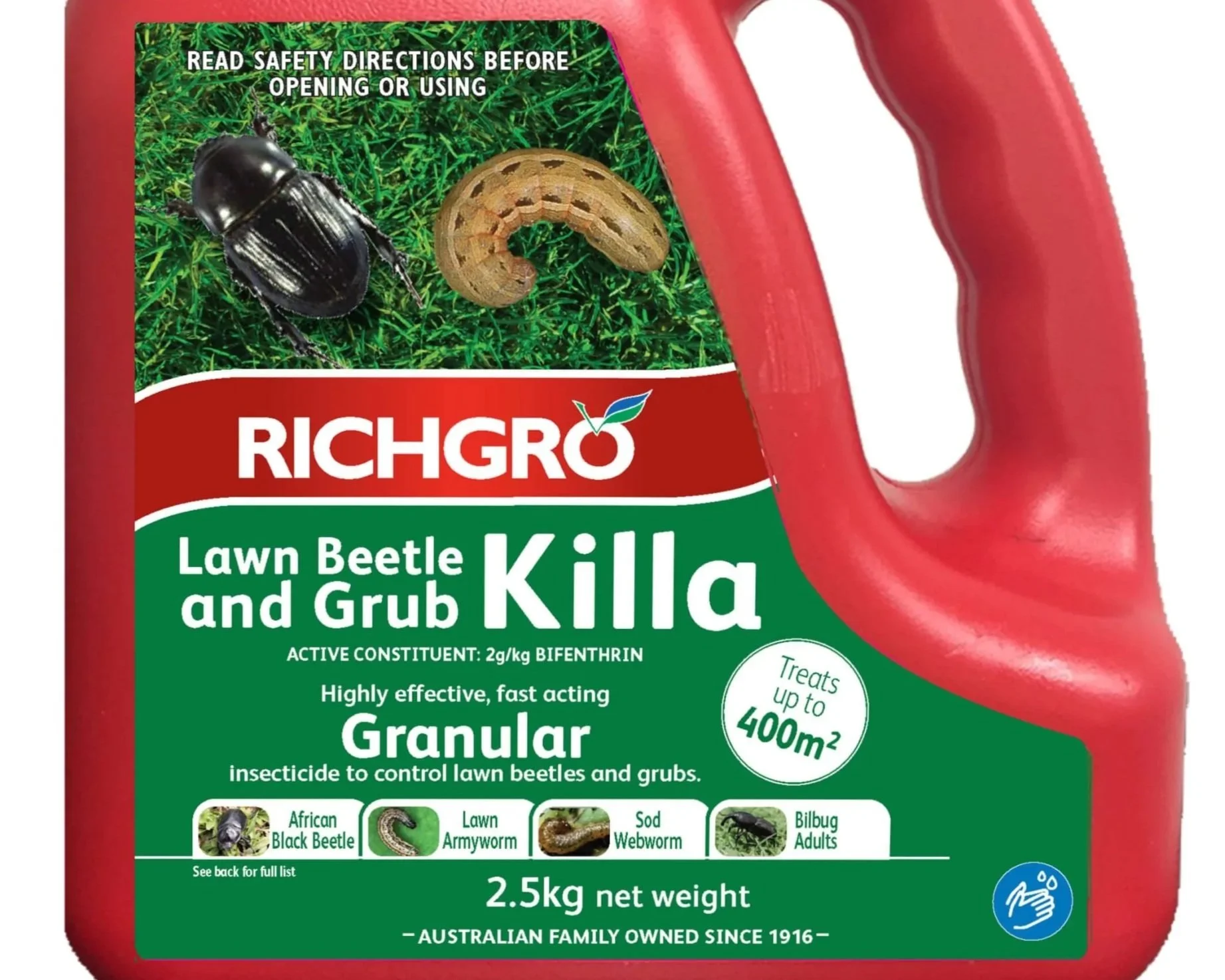 A red container of Richgro Lawn Beetle and Grub Killa insecticide with a handle on the right side. The label includes images of a black beetle and a grub caterpillar, with green grass background, and text indicating it treats up to 400 square meters. Additional info includes weight (2.5 kg), Australian ownership, and instructions to read safety directions.