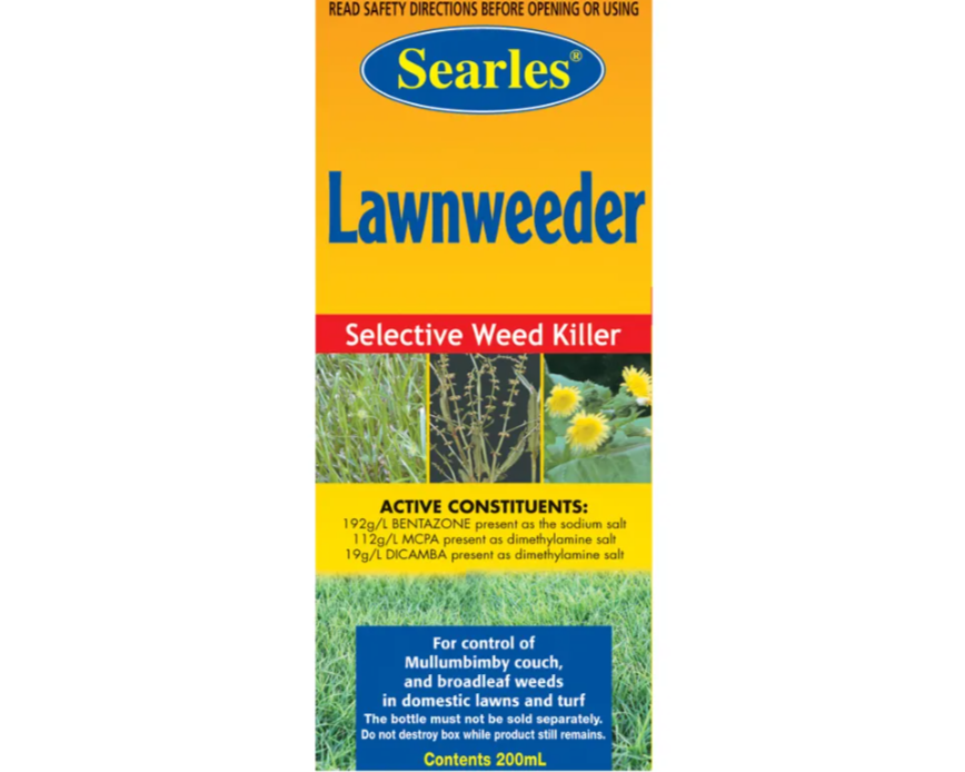 Packaging of Searles Lawnweeder, a selective weed killer. The label is yellow and blue with red accents, showing images of weeds and grass, and contains dosage and usage instructions.