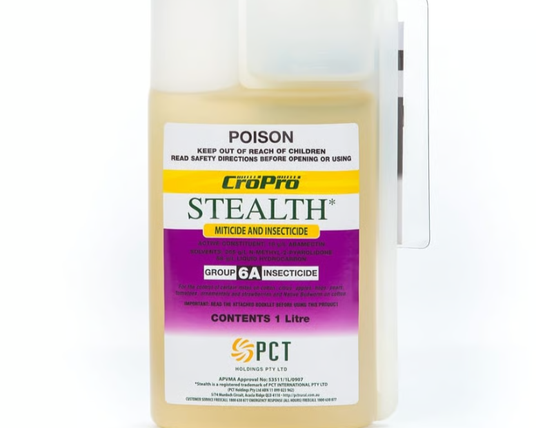 A 1-liter container of CroPro Stealth insecticide with a warning label that says POISON and instructions to keep out of reach of children.