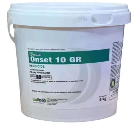 A white plastic bucket labeled 'Onset 10 GR' herbicide, containing 5 kg of weed control product.