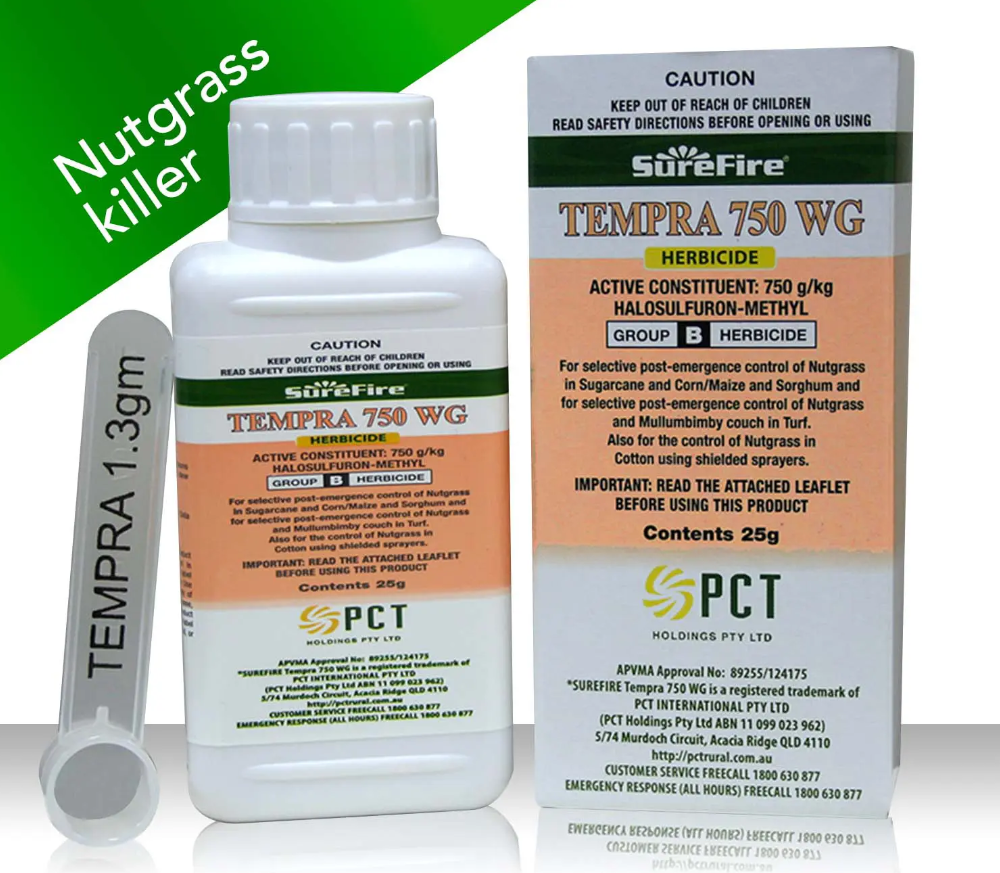 A white bottle of SureFire Tempra 750 WG herbicide with a measuring scoop beside it and an active ingredient label. The bottle has a green and orange label, and a warning leaflet is shown behind it.