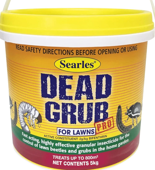 Yellow and orange bucket of Searles Dead Grub Pro for Lawns, 5 kg, with illustrations of insects on the label.