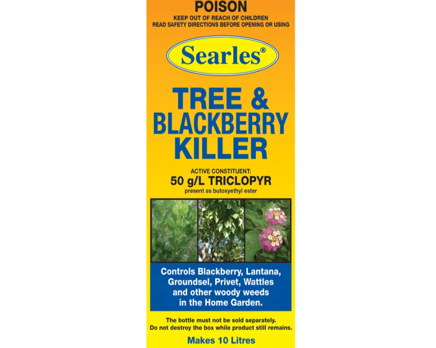 Yellow and blue pesticide box labeled 'Searles Tree & Blackberry Killer' with images of plants and flowers, warnings about poison, and instructions to prevent sale and destruction of the box.