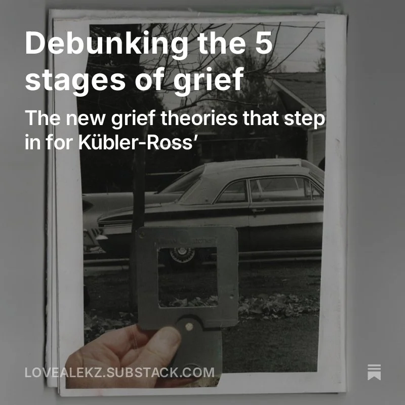 image that reads: Debunking the 5 stages of grief: The new grief theories that step in for kubler-ross' over a collage of a car and a viewfinder