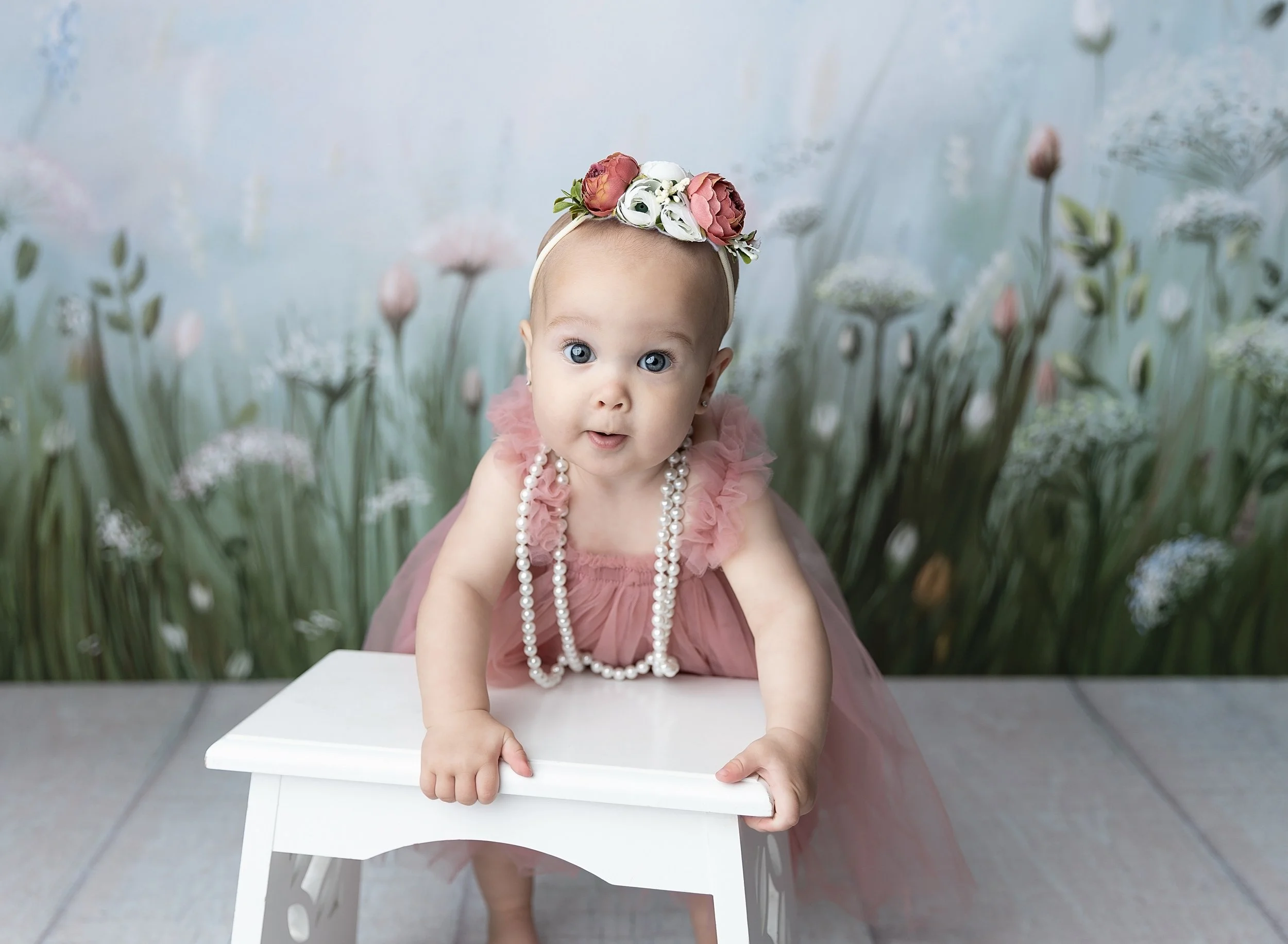 Nine month old girl with pink dress in Port Charlotte photo studio
