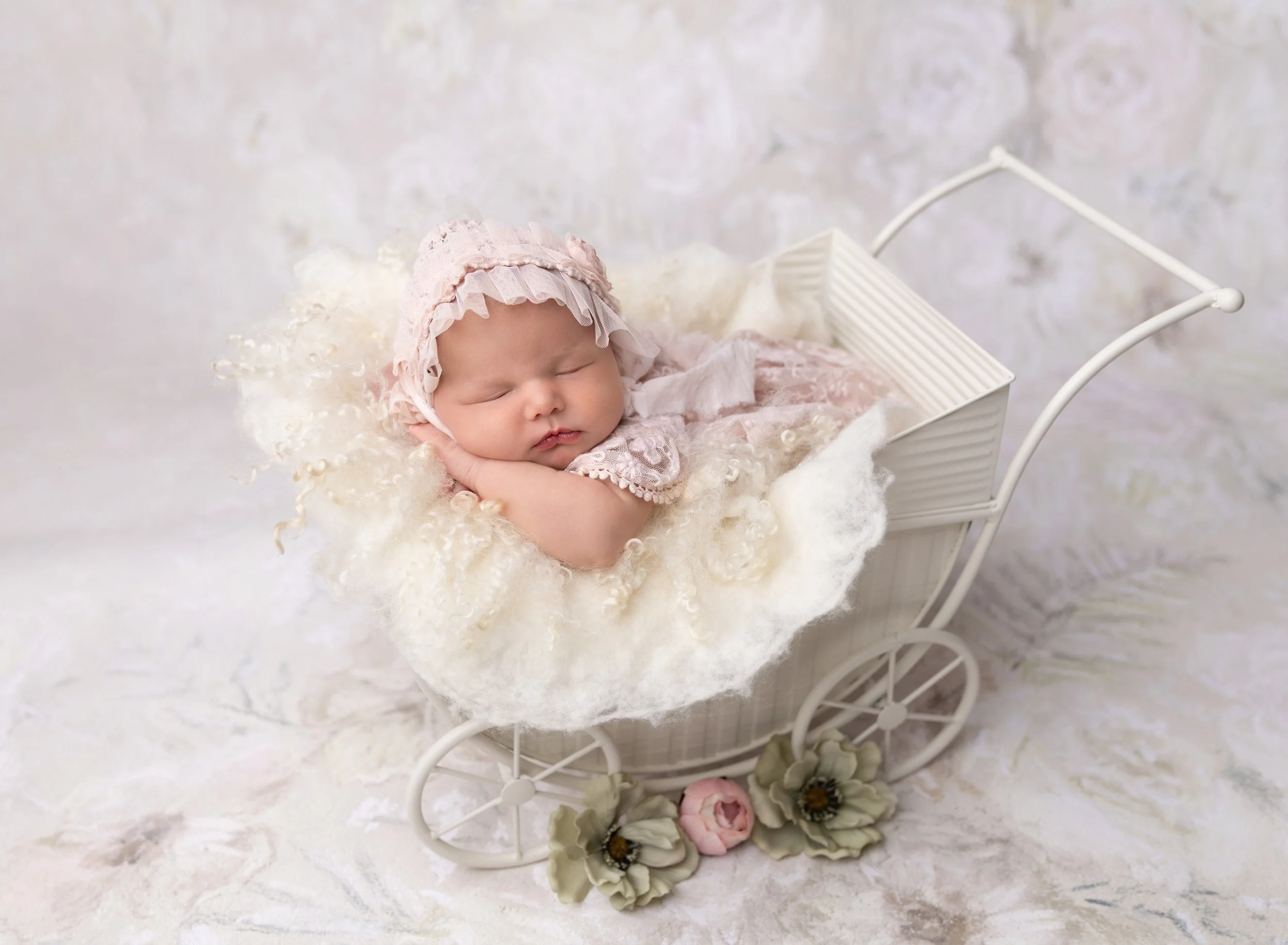 Newborn girl in cream carriage prop Venice FL studio