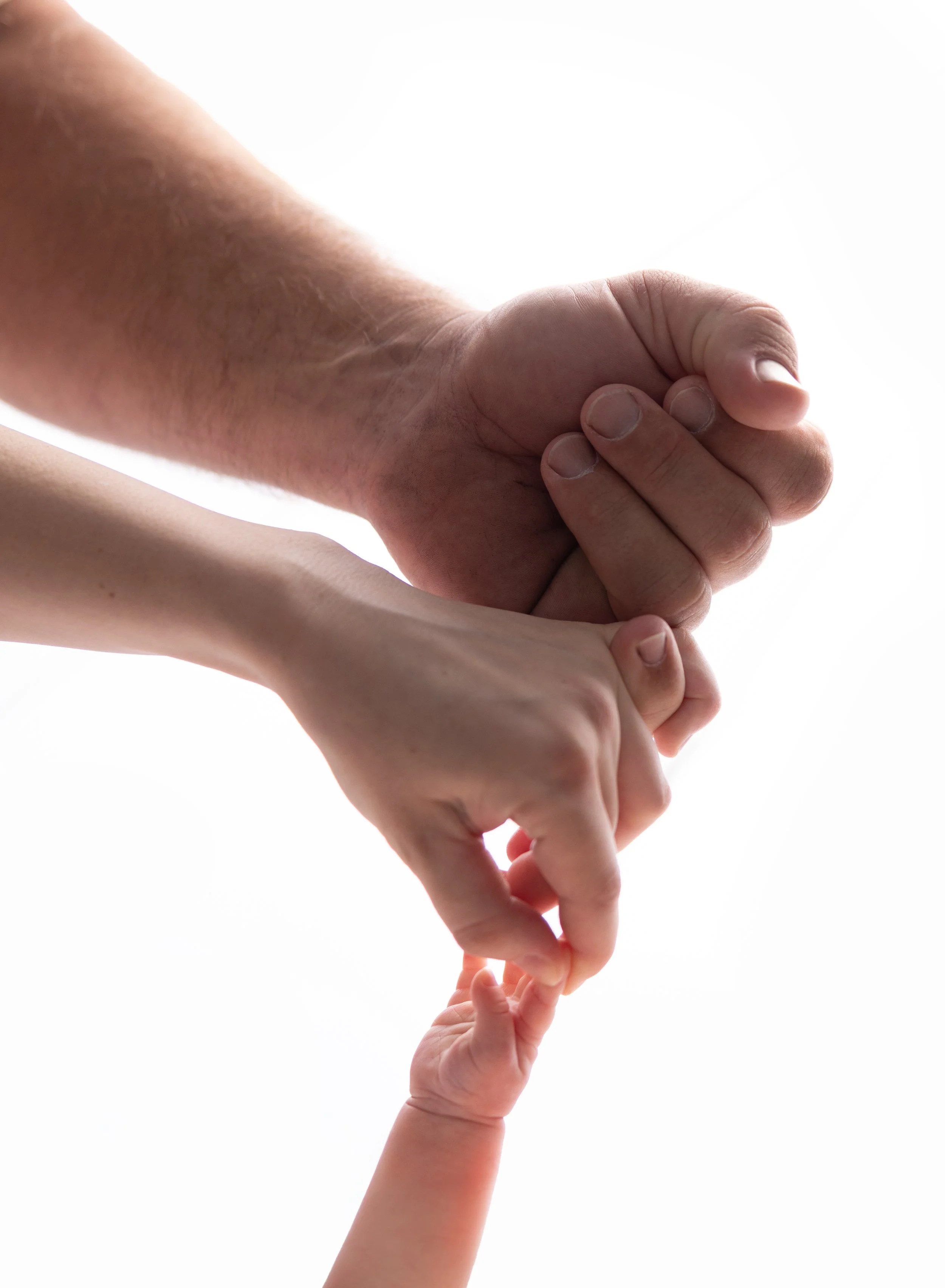 Backlit close up photo of mom, dad, and baby's hands on white.