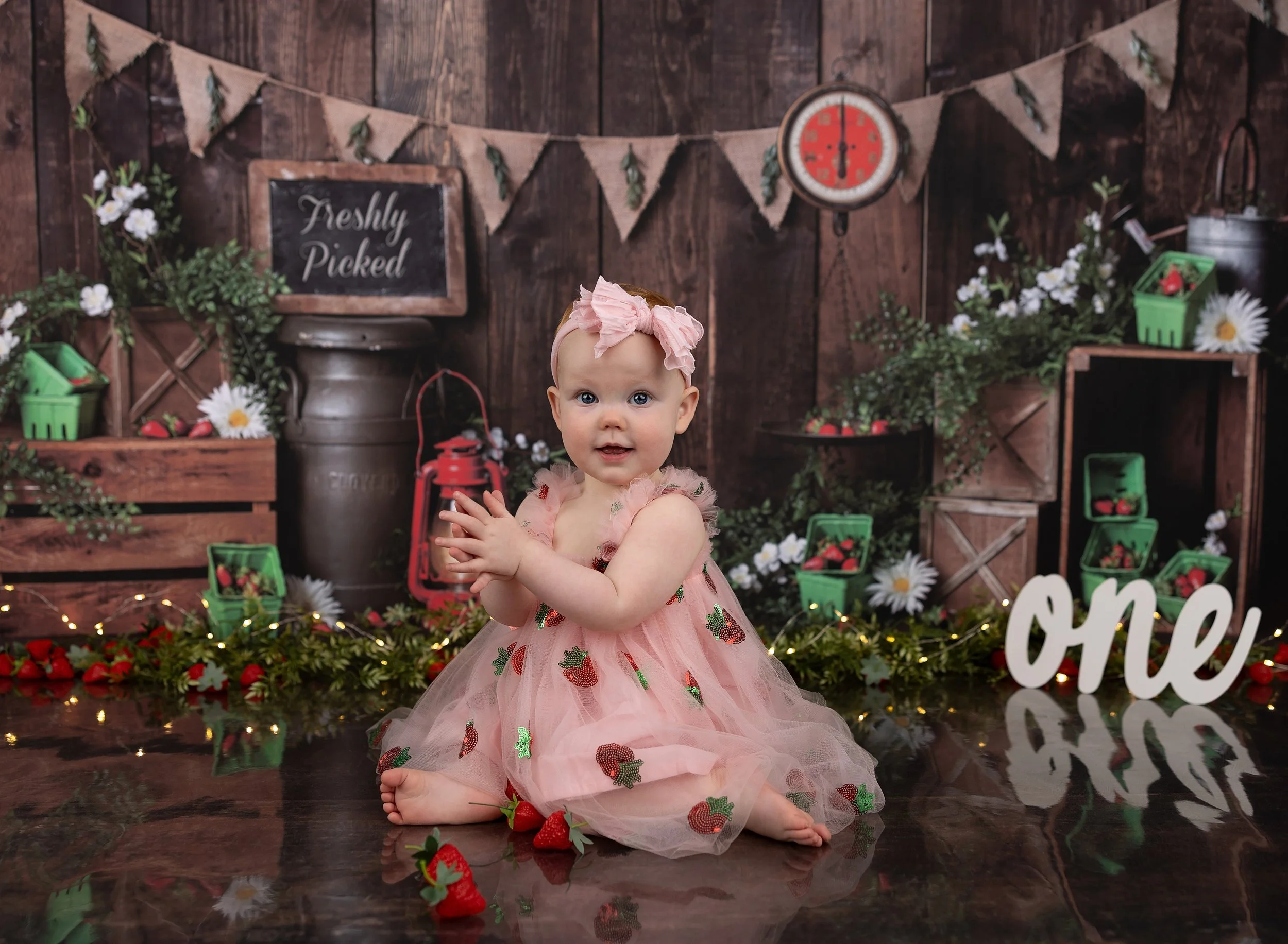 One year old girl in strawberry dress and backdrop in photo studio Port Charlotte, FL