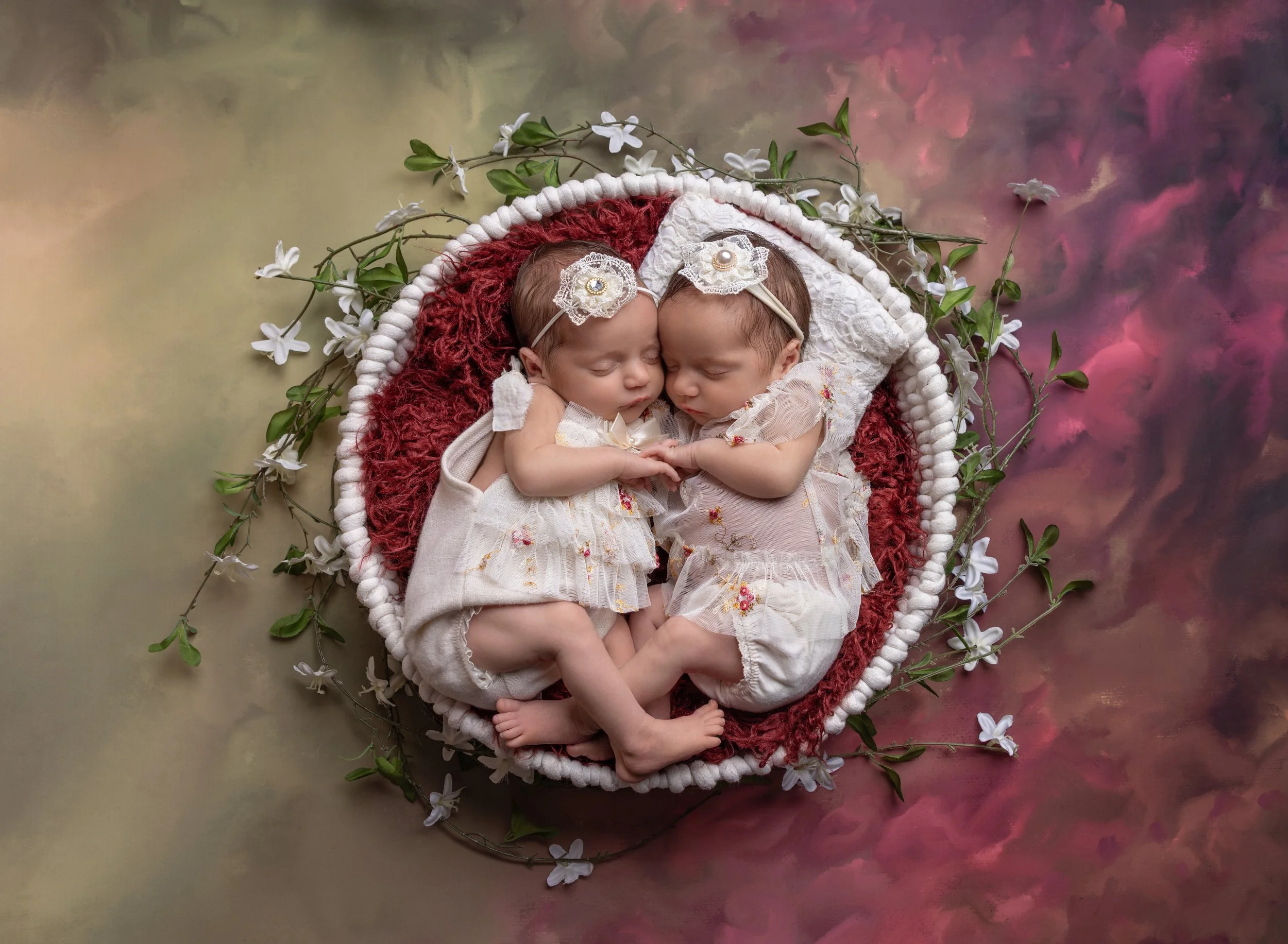 newborn twin girls in basket in North Port FL