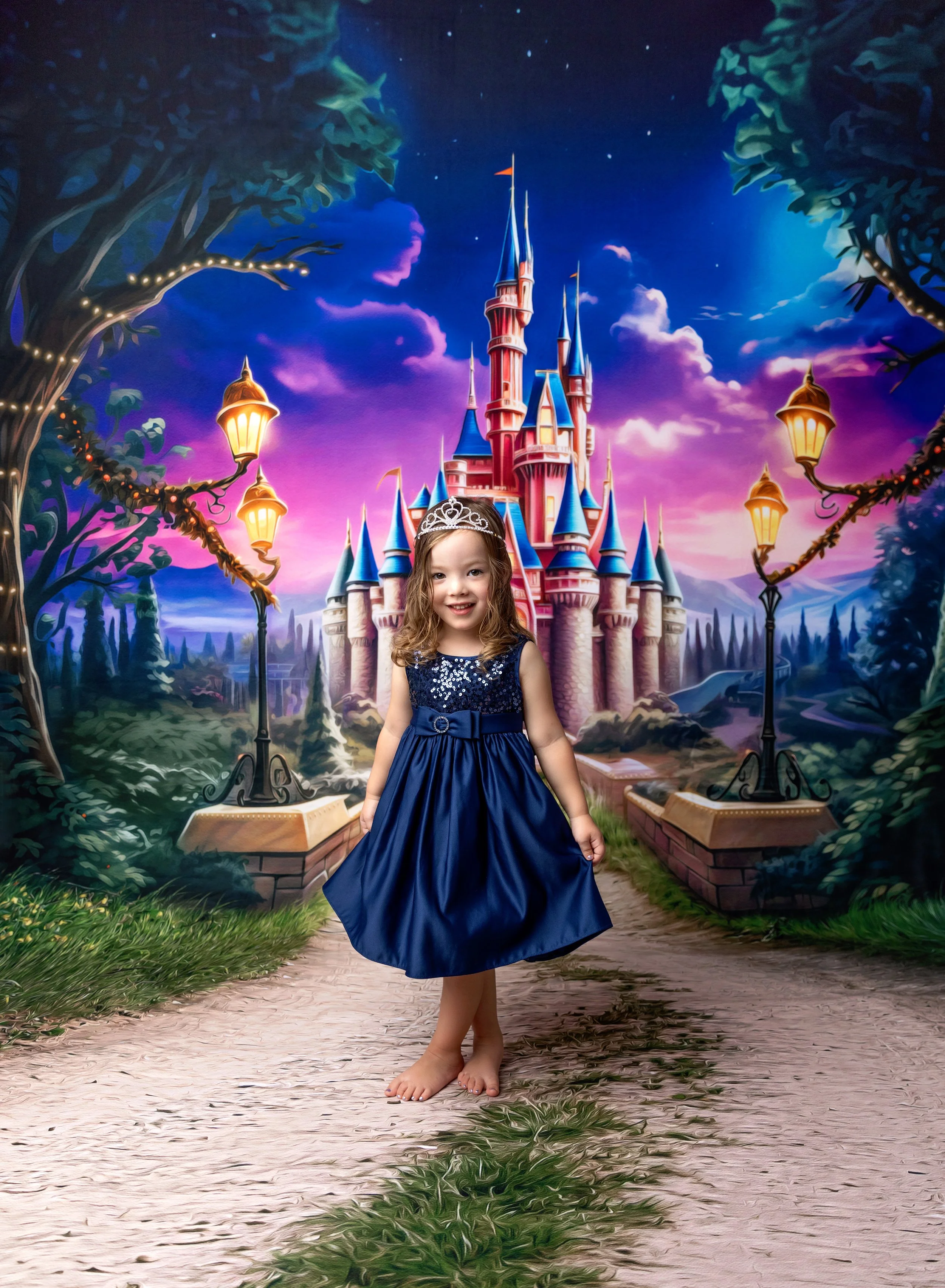 Four year old girl on princess backdrop in Port Charlotte FL photo studio.