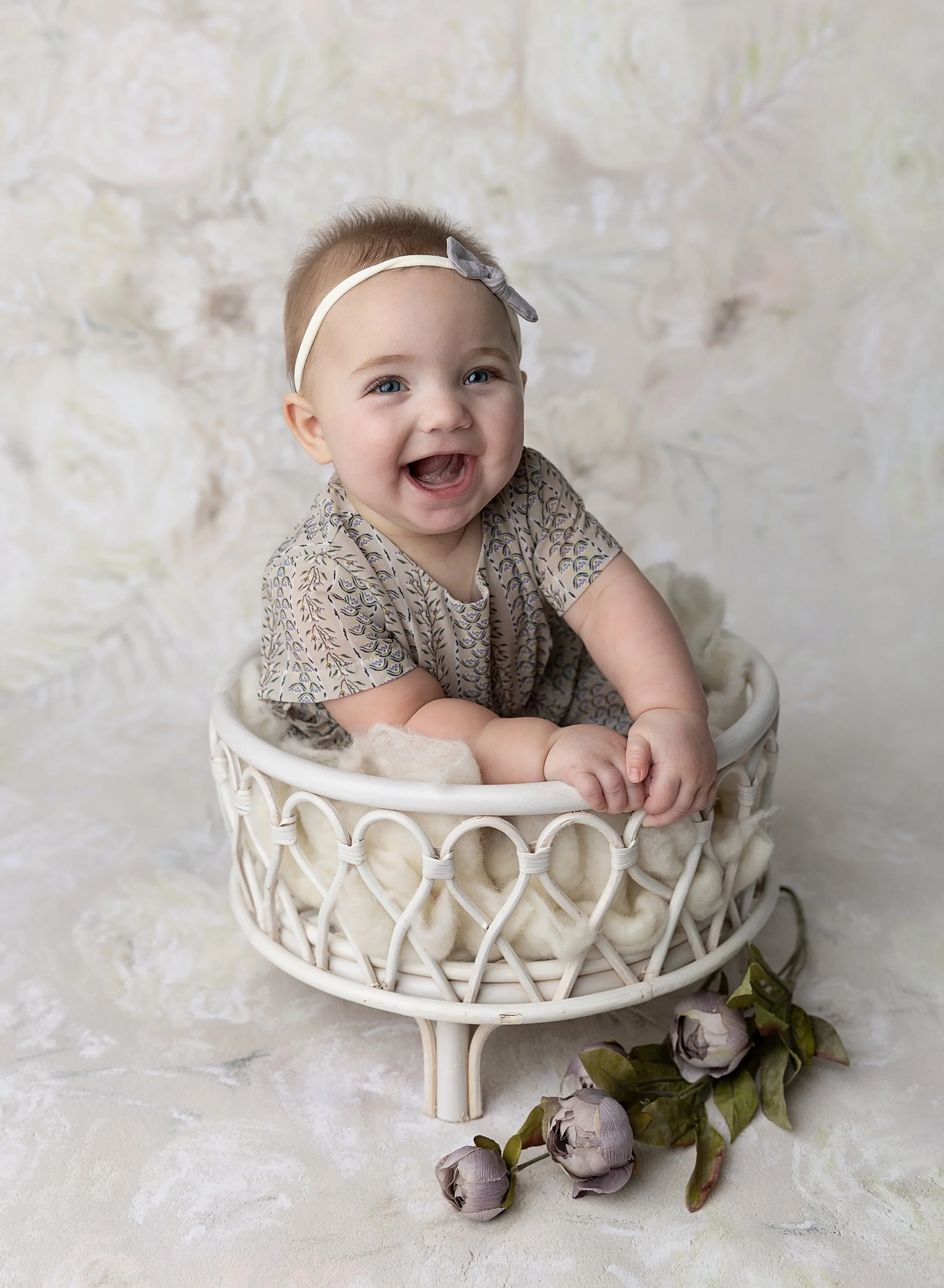 Six month old girl in vintage neutrals Cape Coral photo studio