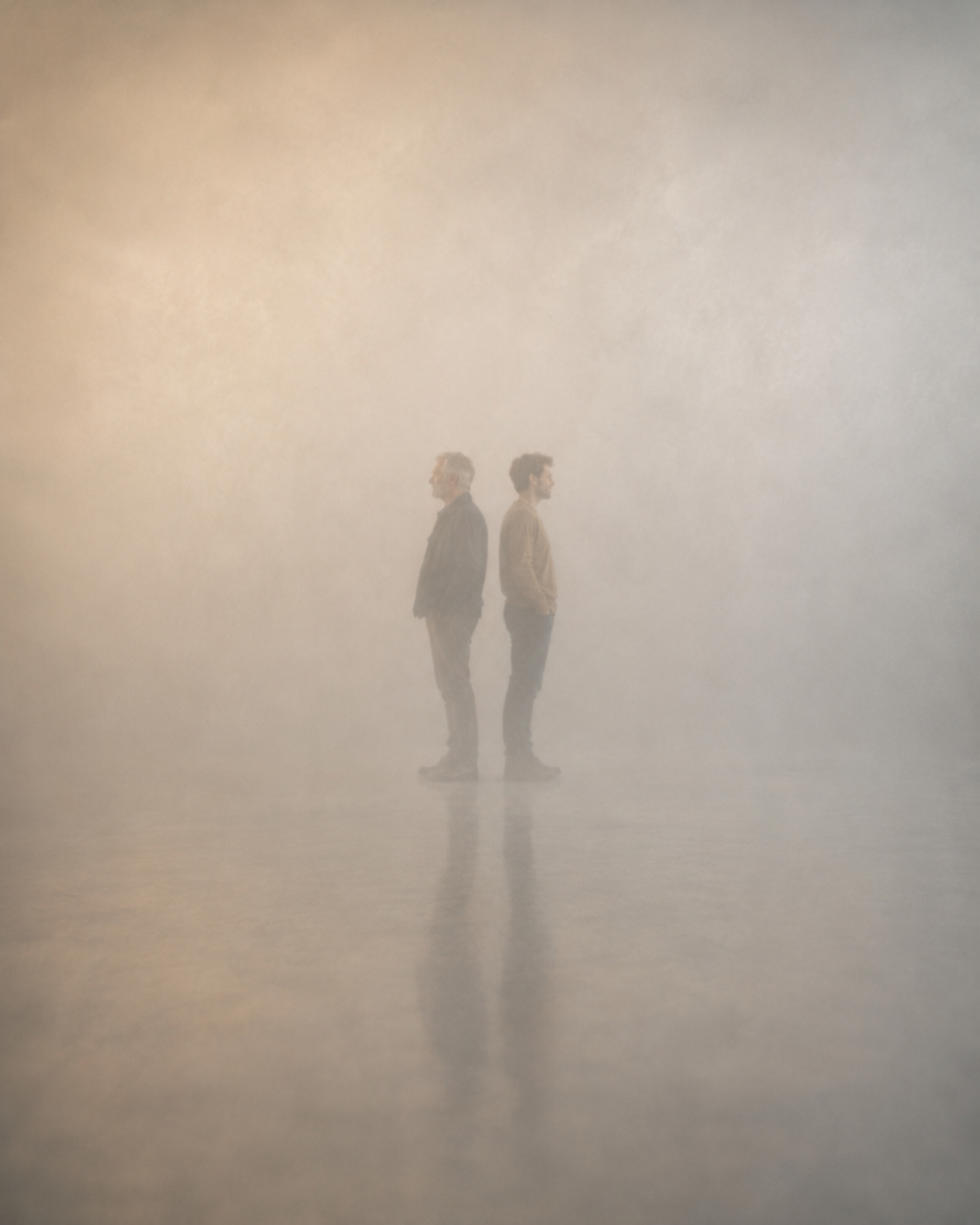 Father and son figures barely visible through fog, symbolizing family estrangement and the distance that grows through unresolved conflict and contempt.