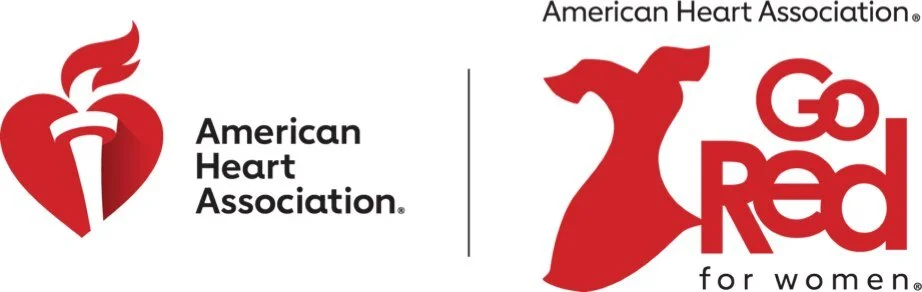 Side-by-side logos of the American Heart Association, featuring a red heart with a torch, and the Go Red for Women campaign with a red dress silhouette and bold red text.