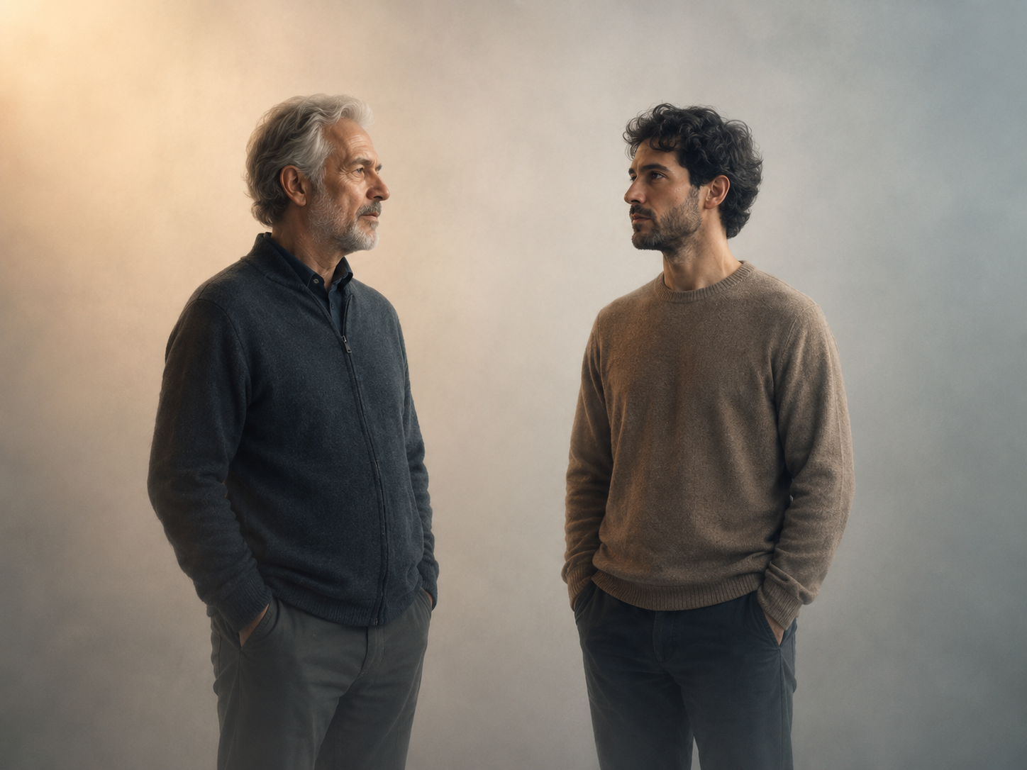 n older man in a dark blue jacket and a younger man in a tan sweater standing apart, facing each other but not making eye contact, depicting emotional distance and tension between them.
