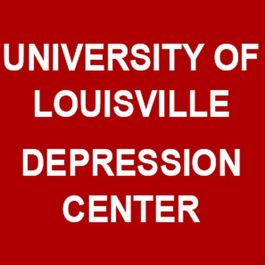 Sign that reads 'University of Louisville Depression Center' on a red background.