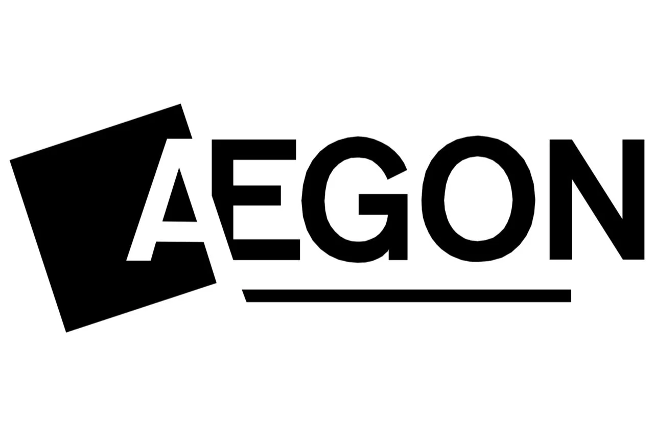 Black and white logo with a tilted black square and the word 'AEGON' in bold capital letters, with a line underneath.