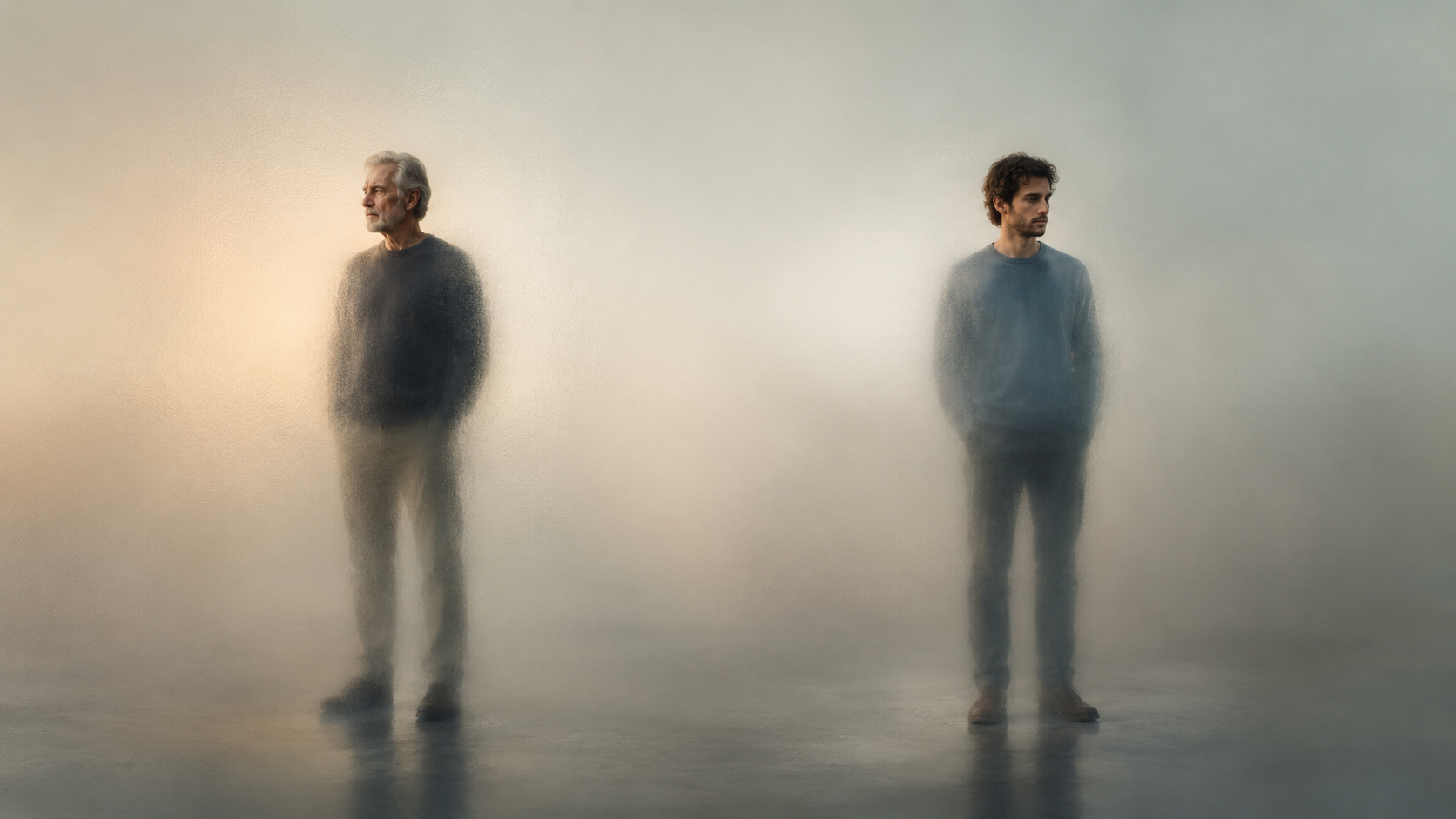 Two men standing apart representing family estrangement and conflict, depicting the emotional distance in a broken father-son relationship.
