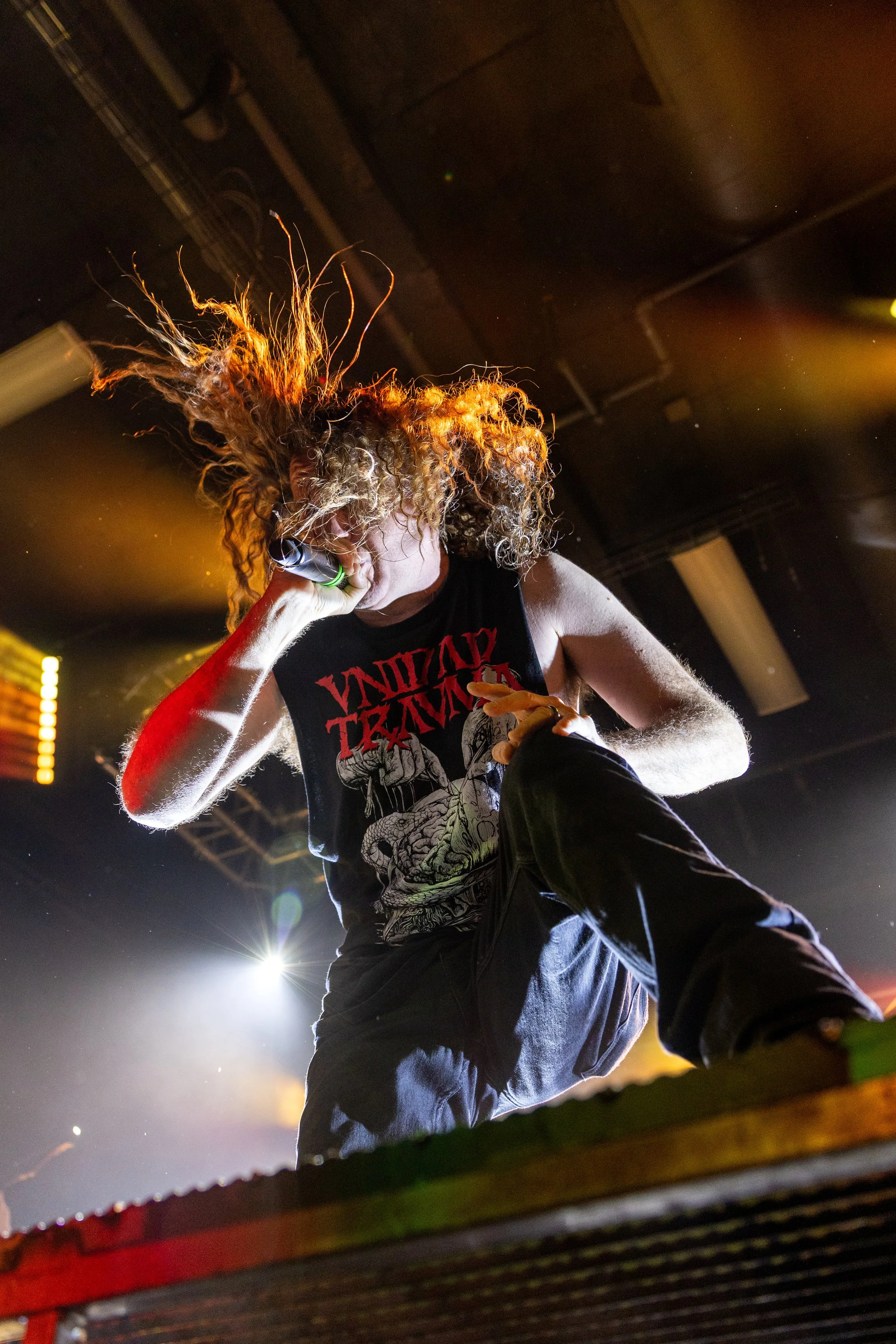 A long-haired man with curly hair singing into a microphone on stage during a live music performance. The man is wearing a sleeveless shirt with a graphic design and dark pants. Bright stage lights are shining behind him, illuminating his silhouette,