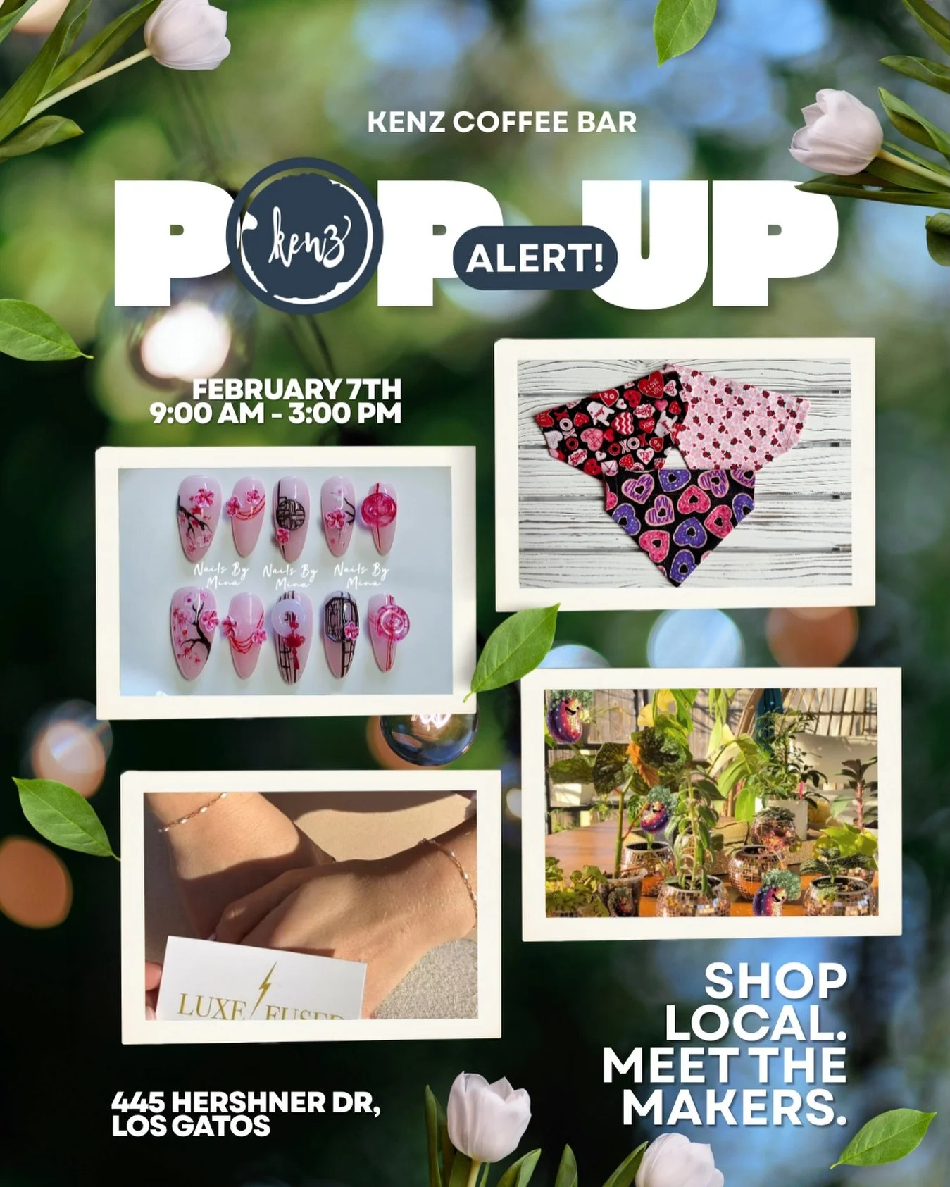 Join us this Saturday for our pop up vendor event at Kenz Coffee Bar! Come support local makers!

🌱 @nails_byminaaa

Nails by Mina selling handmade press on nails, inspired by Korean and Japanese nails.

🌱 @thediscobeanshop 

The Disco Bean Shop ha