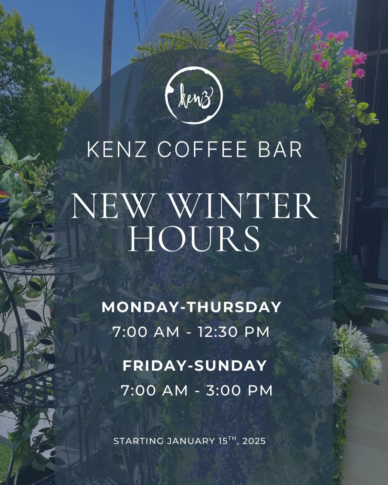 Kenz is presenting our new hours for the rest of the winter season! Keep an eye out for future events coming to Kenz! 😊
