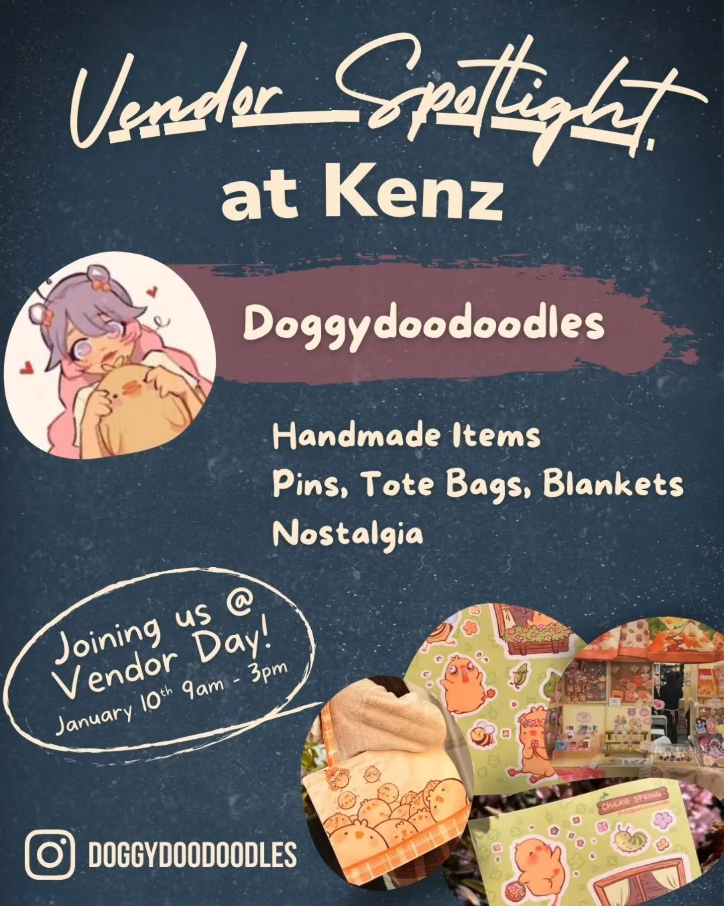 Vendor spotlight: @doggydoodoodles 🐔✨

Doggydoodoodles is a small, artist-owned business inspired by chickens, childhood nostalgia, anime, and games. They offer a wide range of fun goods, from handmade Pikmin, keychains, pins, and tote bags to picni