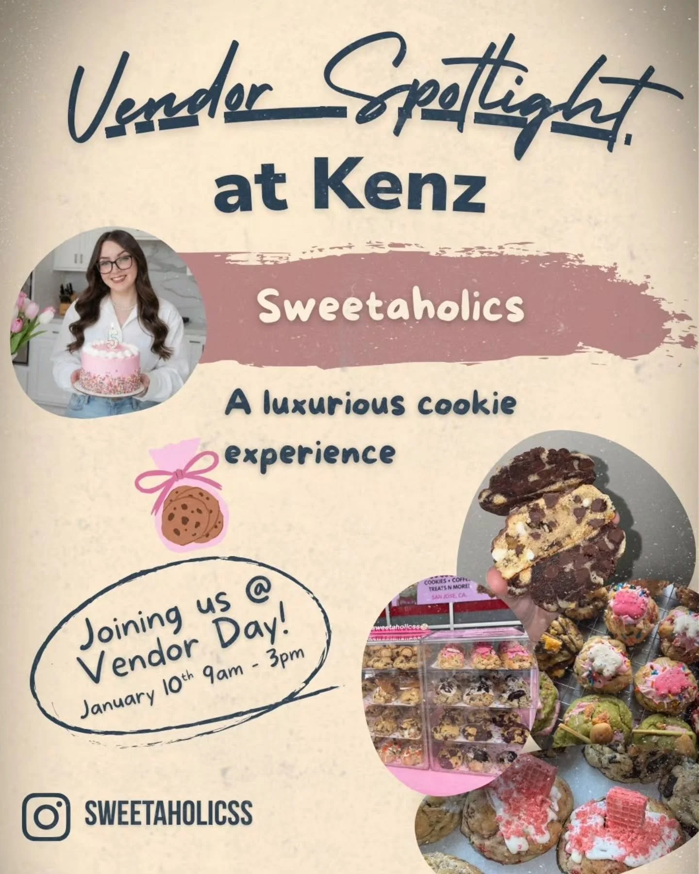 Vendor spotlight: @sweetaholicss 🍪🤍

Sweetaholicss is a small bakery specializing in creative, thick, bakery-style cookies made with premium ingredients for a truly indulgent treat. Each cookie is crafted to deliver a rich, satisfying experience in